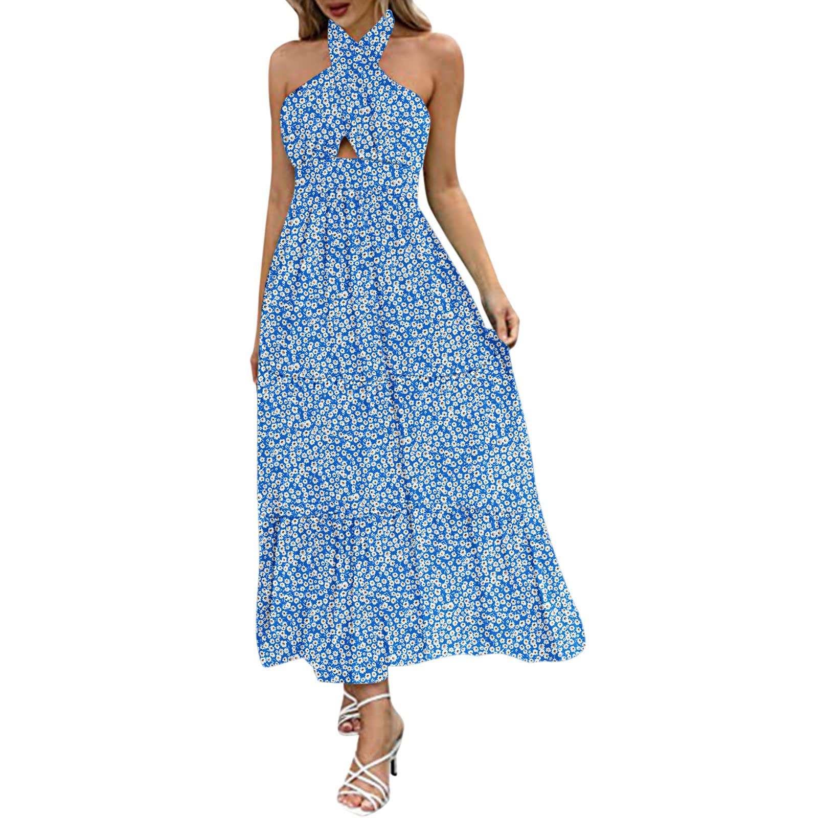 Women's Summer Floral Halter Neck Sleeveless Backless Maxi Dress - A-Line Flowy Cut Out Design for Beach Vacation, Party & Evening Wear