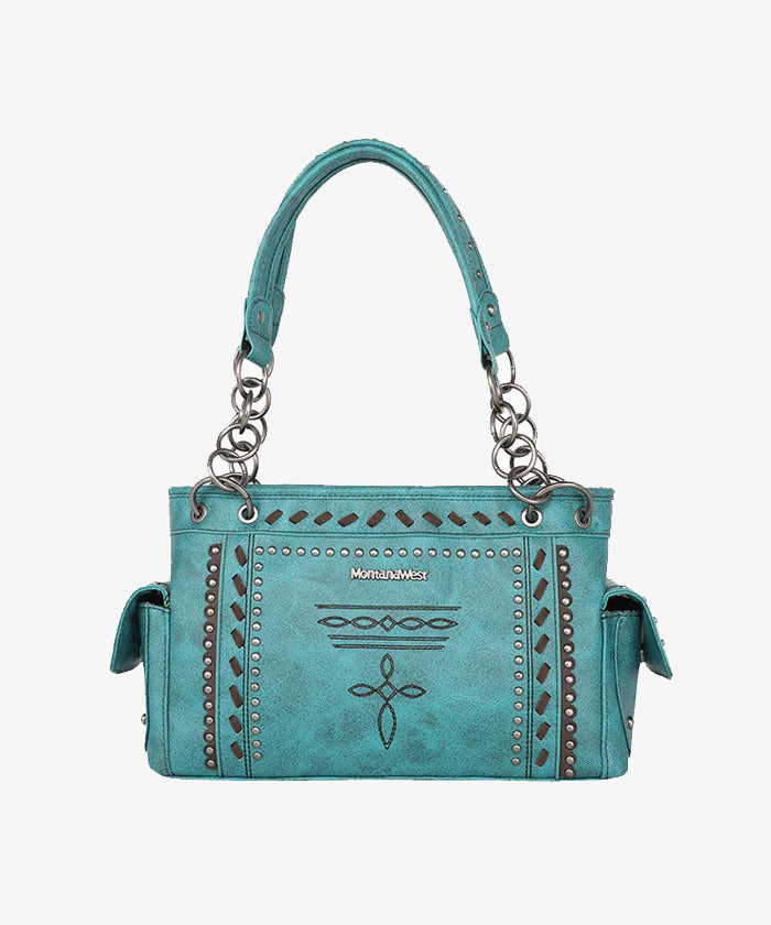 Montana West Whipstitch Studs Concealed Carry Satchel Purse - Stylish Women's Leather Crossbody Bag for Everyday Use, Travel & Work