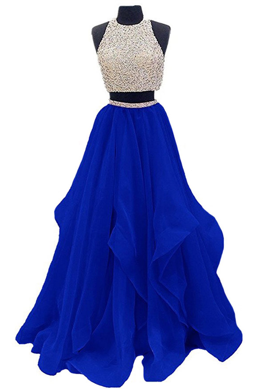 Elegant Beaded 2-Piece Prom Dress with Long Ruffled A-Line Skirt | Women's Formal Evening Gown for Homecoming, Wedding, and Special Occasions