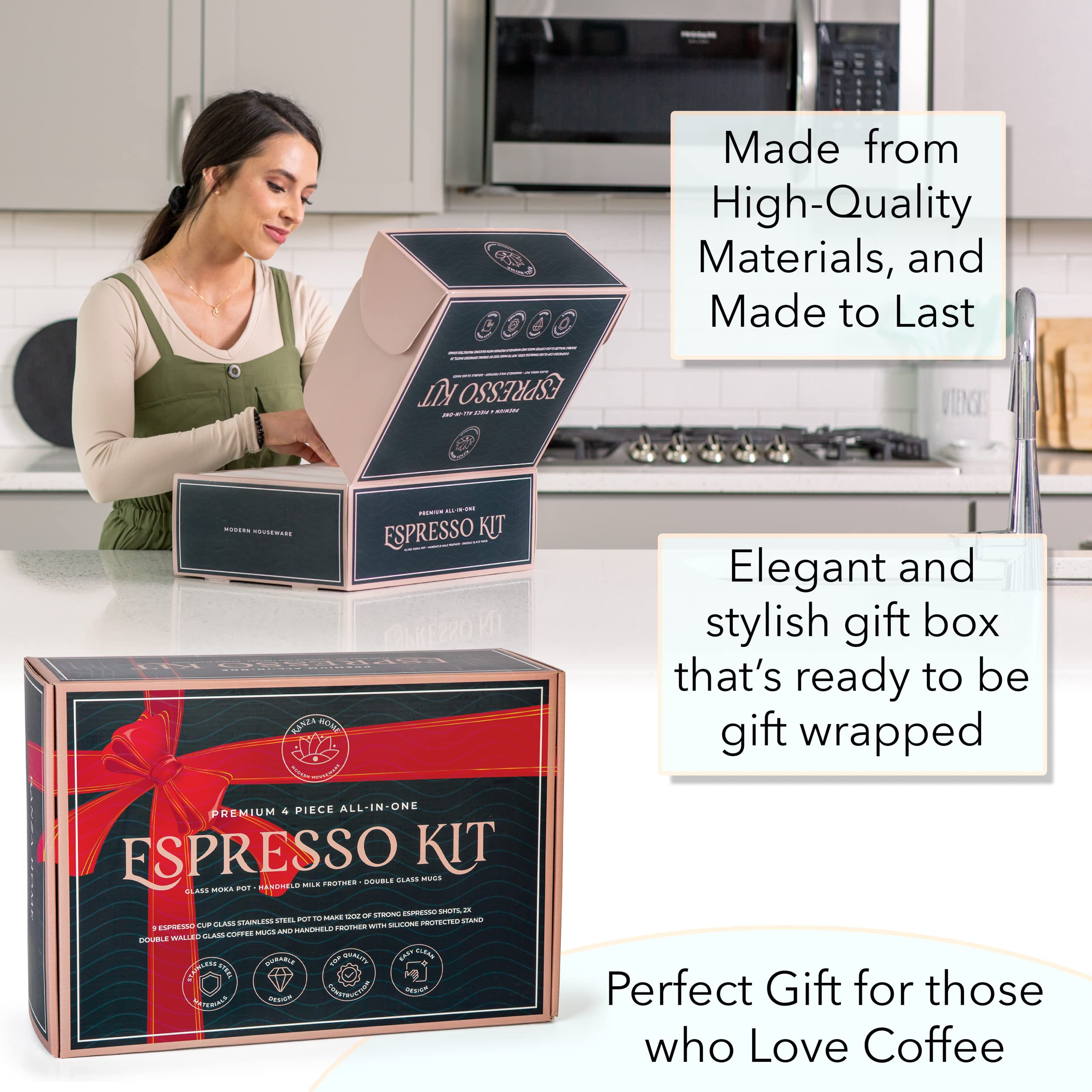 Stovetop Espresso Maker Set - 9 Cup Moka Pot, 2x 12oz Glass Coffee Mugs & Milk Frother - Italian Coffee Maker for Cuban, Greek & Espresso - Perfect for Home, Office & Camping Brewing