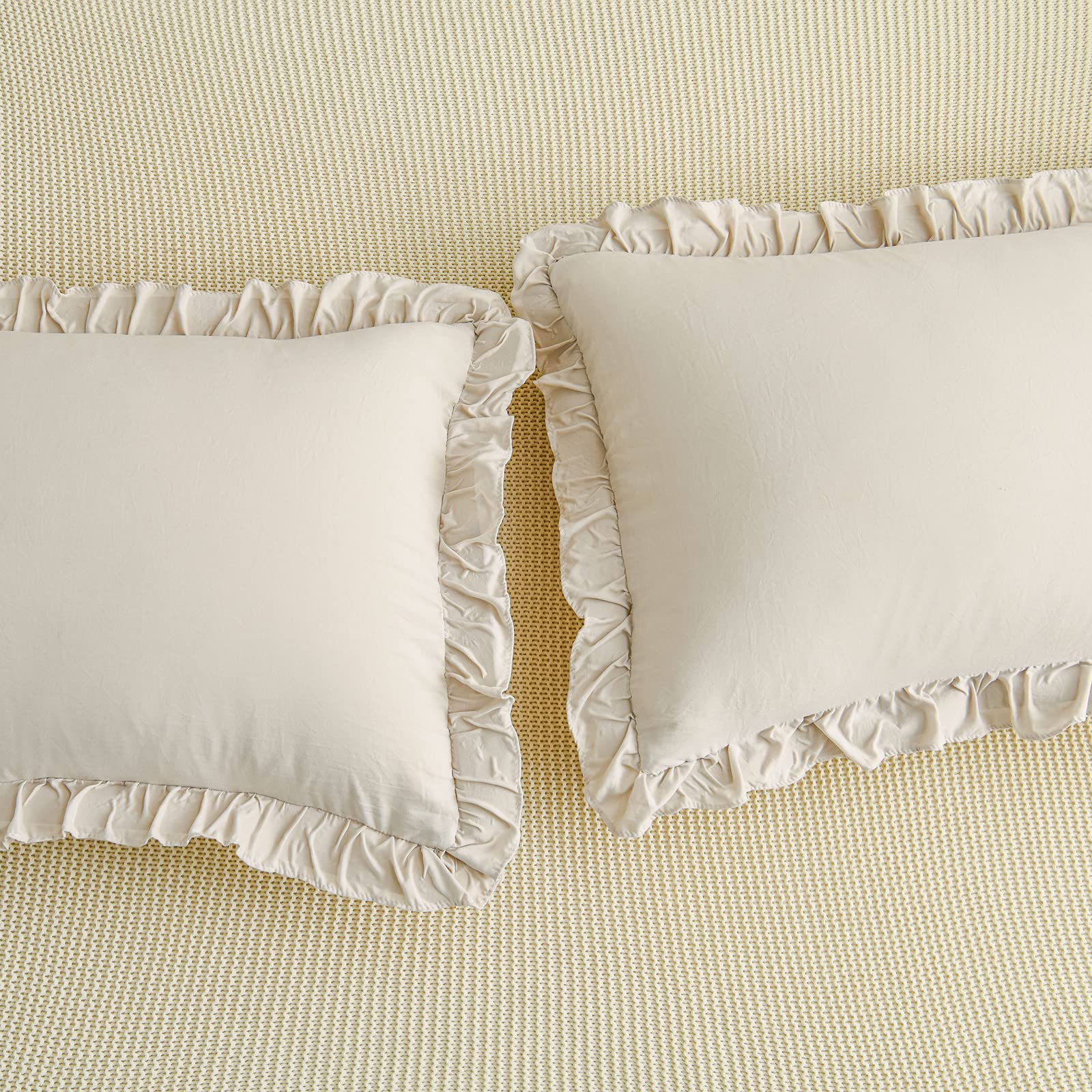 Beige & Grey Ruffled Pillow Shams Set of 2 - Standard/Queen Size (20''x30'') - Shabby Chic Decorative Pillowcases for Bedroom, Living Room & Home Decor