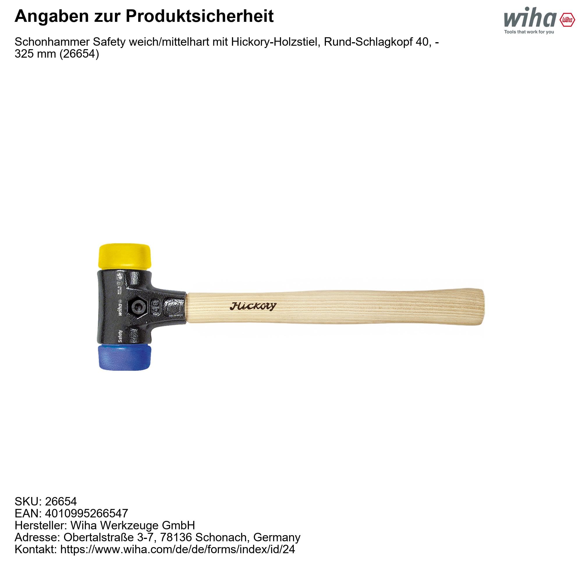 Wiha 83215040 Safety Medium Hard Soft-Faced Hammer - 40mm Blue/Yellow Non-Slip Grip - Perfect for Automotive, Woodworking & Home Repairs