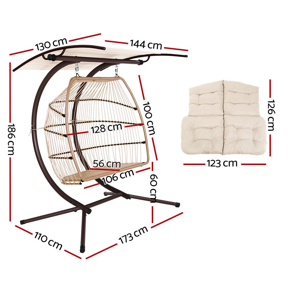 Double Wicker Hanging Swing Chair with Stand - Latte Brown Rattan Porch Swing for Outdoor Patio, Garden, or Balcony Relaxation - Perfect for Reading, Lounging, and Enjoying Nature