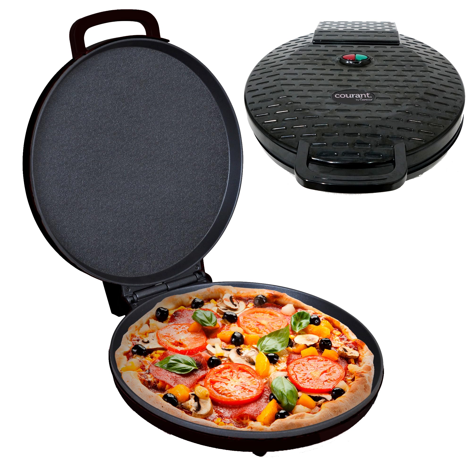 220V Courant 12-Inch Electric Pizza Maker & Calzone Oven - Non-Stick Plates, Cool-Touch Handle, Indoor Countertop Griddle for Home, School, or Dorm - Perfect for Quick Meals, Parties, and Family Gatherings (Black)