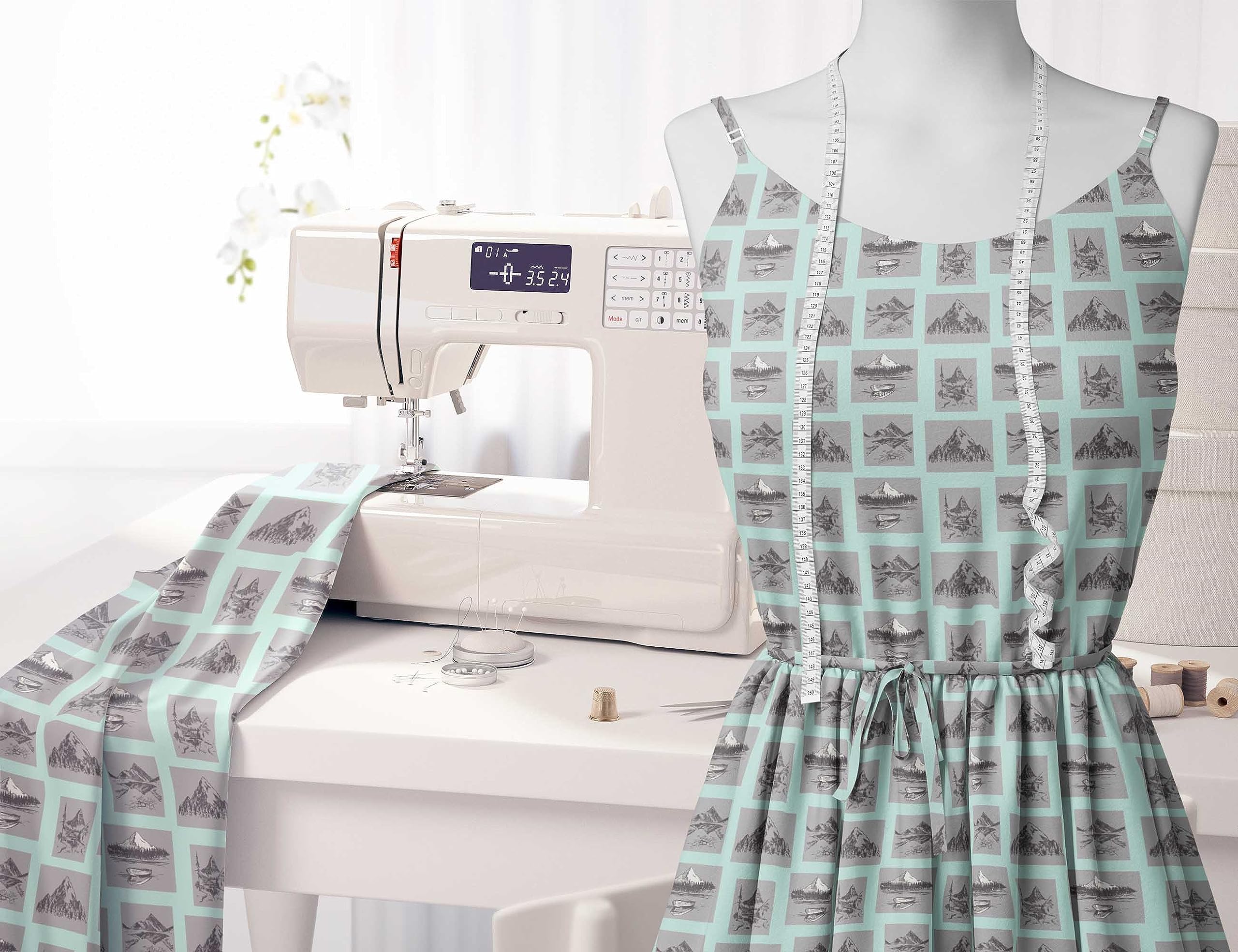 Soimoi Moss Georgette Green Fabric by The Yard - 42 Inch Wide Nautical Print Fabric with Boat & Mountain Nature Pattern - Lightweight Draping Material for Dresses, Scarves, Curtains and DIY Fashion Projects