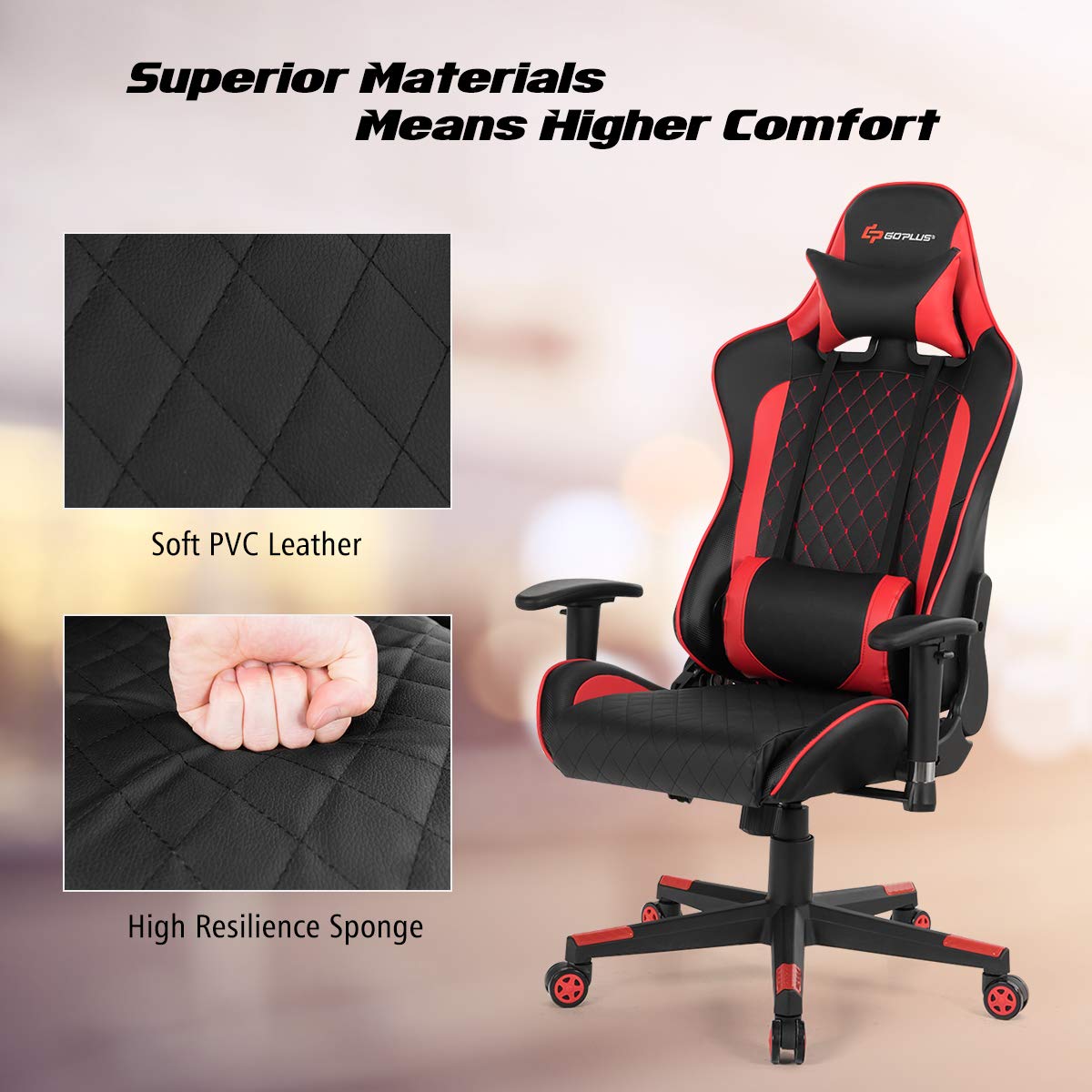 Goplus Massage Gaming Chair - Ergonomic High Back Racing Office Chair with Reclining Backrest, Adjustable Handrails & Seat Height, PU Swivel Design, Headrest & Lumbar Support - Perfect for Gaming, Work & Home Office Relaxation