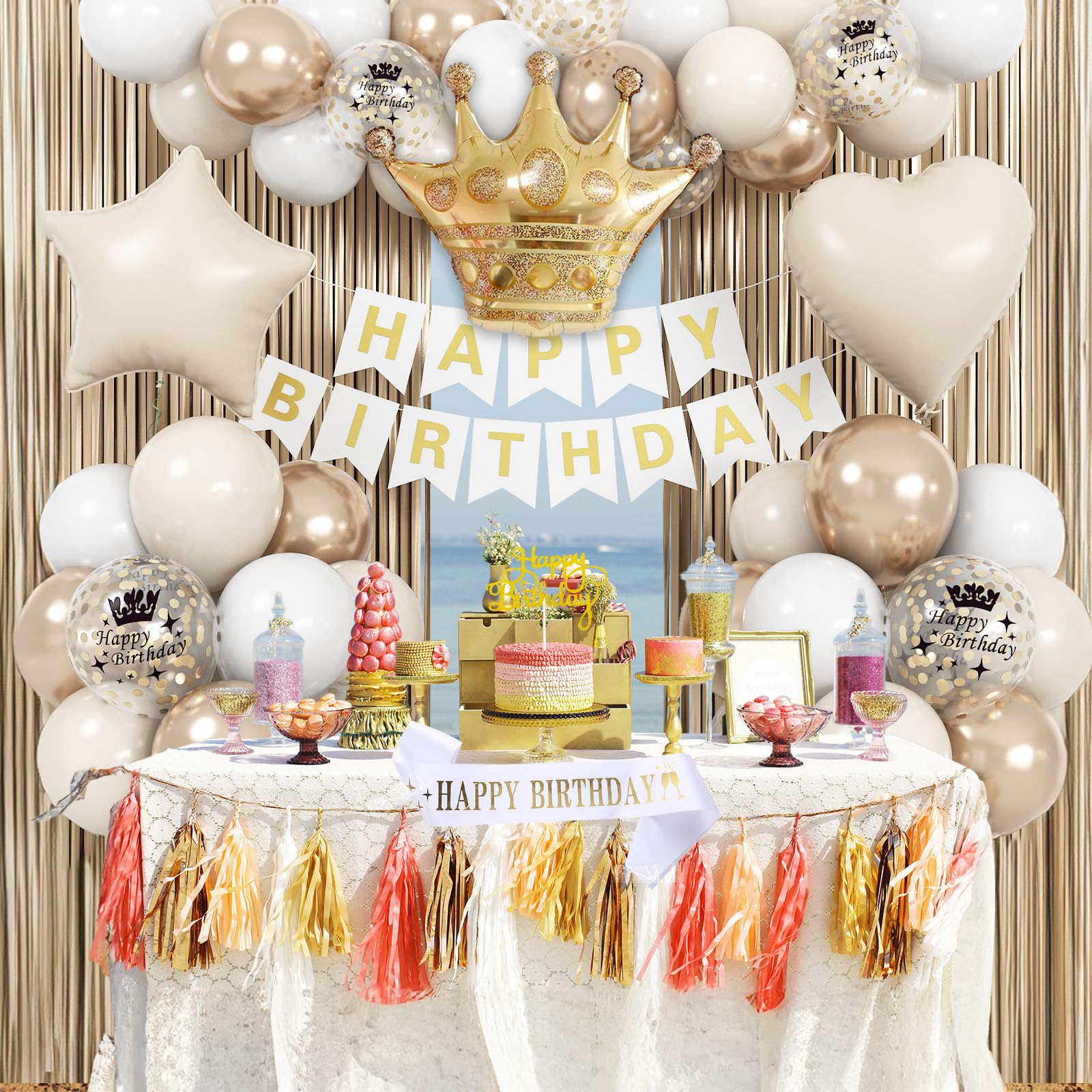 Elegant White & Gold Birthday Party Decorations Set - Cream Champagne Balloons, Banner, Foil Balloons & Fringe Curtain for Boho Theme Celebrations - Perfect for Baby Showers, Bridal Showers & Anniversary Parties