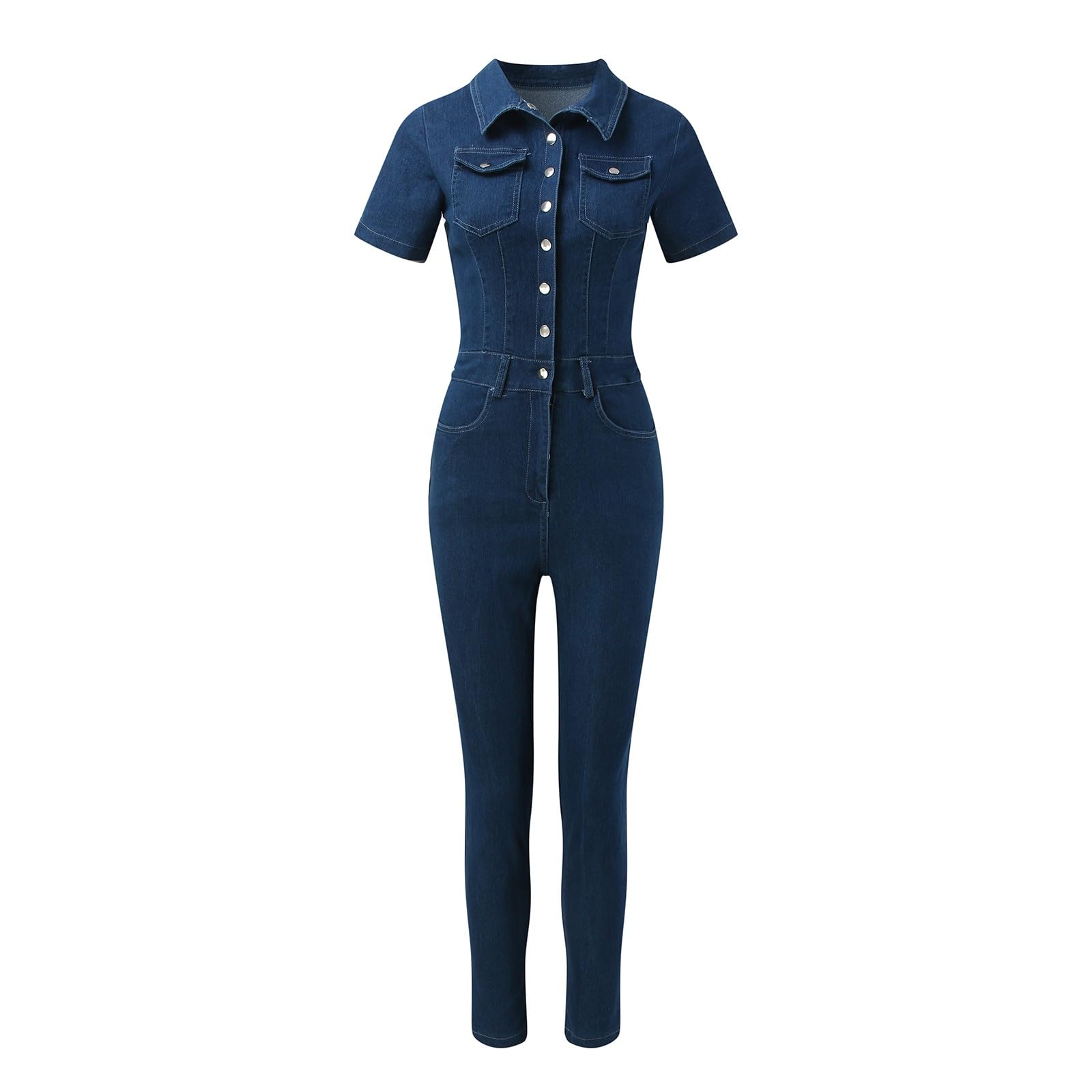 Sexy Women's Denim Jumpsuit - Stretchy Bodycon Long Romper with Pockets | One Piece Clubwear for Night Out, Party & Casual Wear