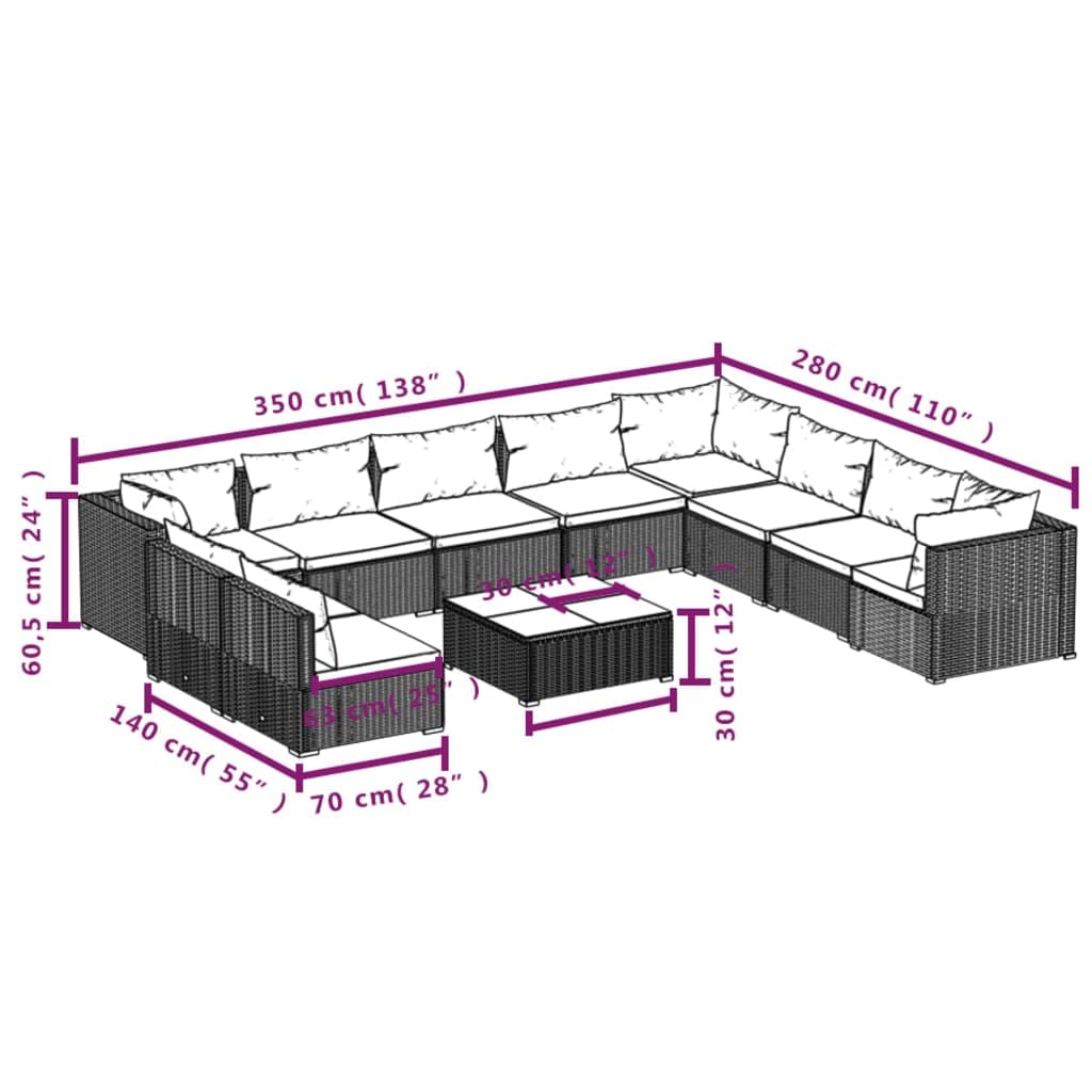 vidaXL 11-Piece Garden Sofa Set - Water-Resistant Poly Rattan Patio Lounge Outdoor Furniture with Cushions in Black & Blue - Perfect for Backyard, Poolside, and Outdoor Relaxation