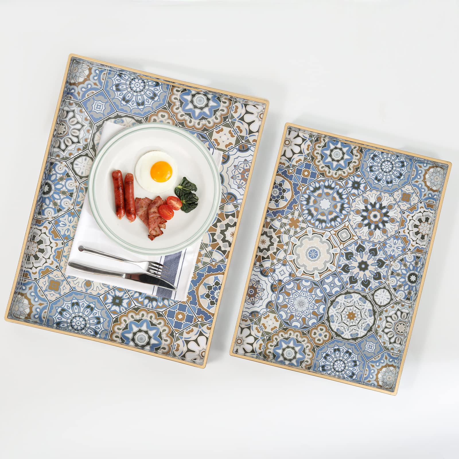 2 Pack Large Boho Serving Trays with Handles - Decorative Ottoman Tray for Coffee Table, Living Room, Bedroom | Blue Bohemian Style Tray for Entertaining, Breakfast in Bed, Spa Day & Home Decor