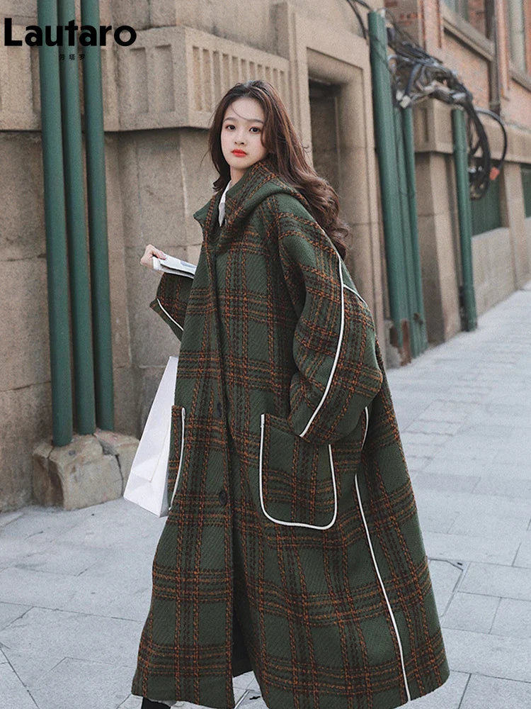 Women's Oversized Long Wool Blend Trench Coat with Hood - Warm Plaid Patchwork Design for Autumn Winter | Korean Fashion Runway Style | Perfect for Casual Outings, Office Wear & Cold Weather