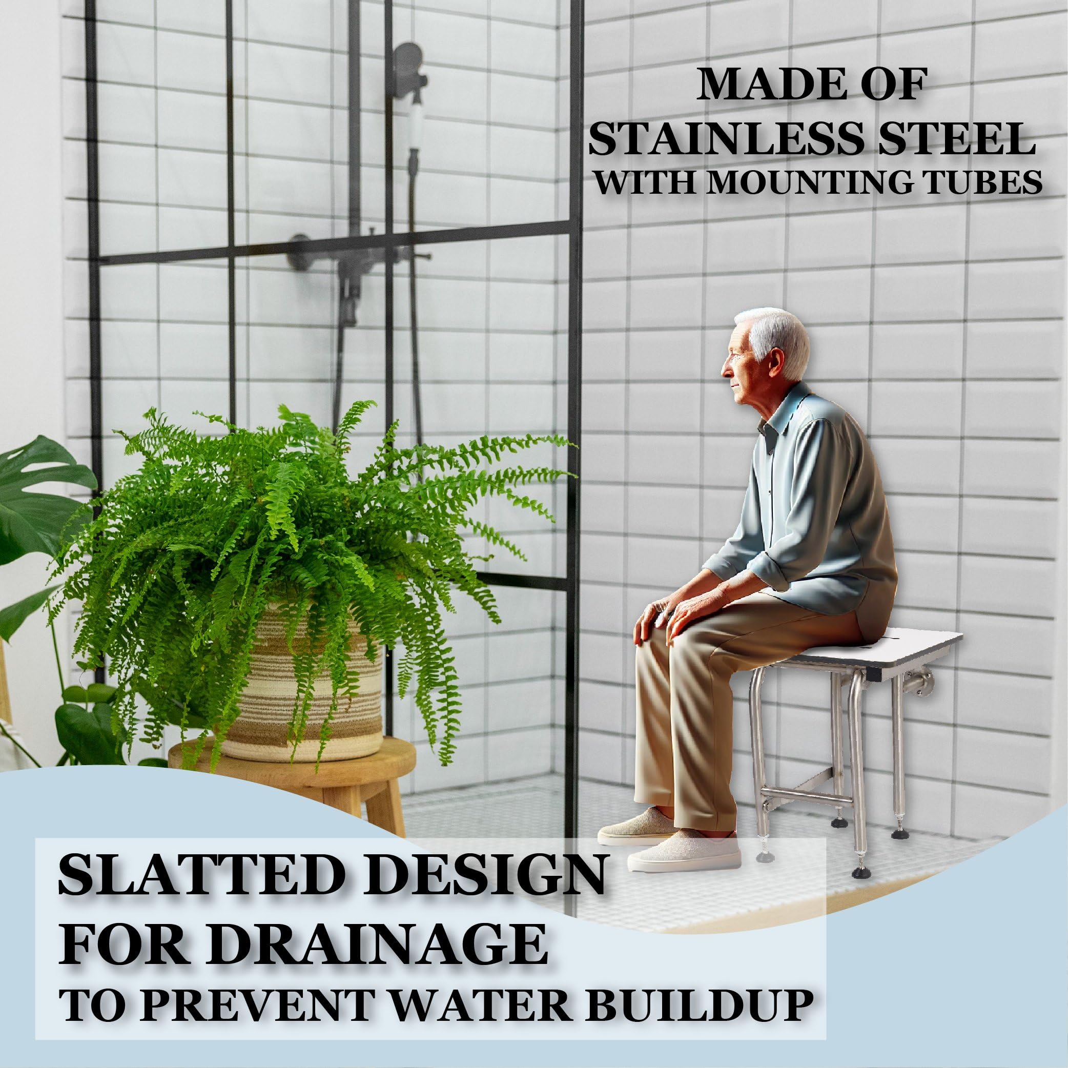 **Heavy Duty ADA Shower Chair with Legs - 400lbs Capacity, 304 Stainless Steel Frame - Folding Shower Seat for Elderly & Disabled (18”x16”) - Wall Mounted or Freestanding - Ideal for Bathroom Safety & Accessibility**    *(Use Case: Perfect for seniors, disabled individuals, or post-surgery recovery, providing secure seating in showers, bathtubs, or wet rooms.)*