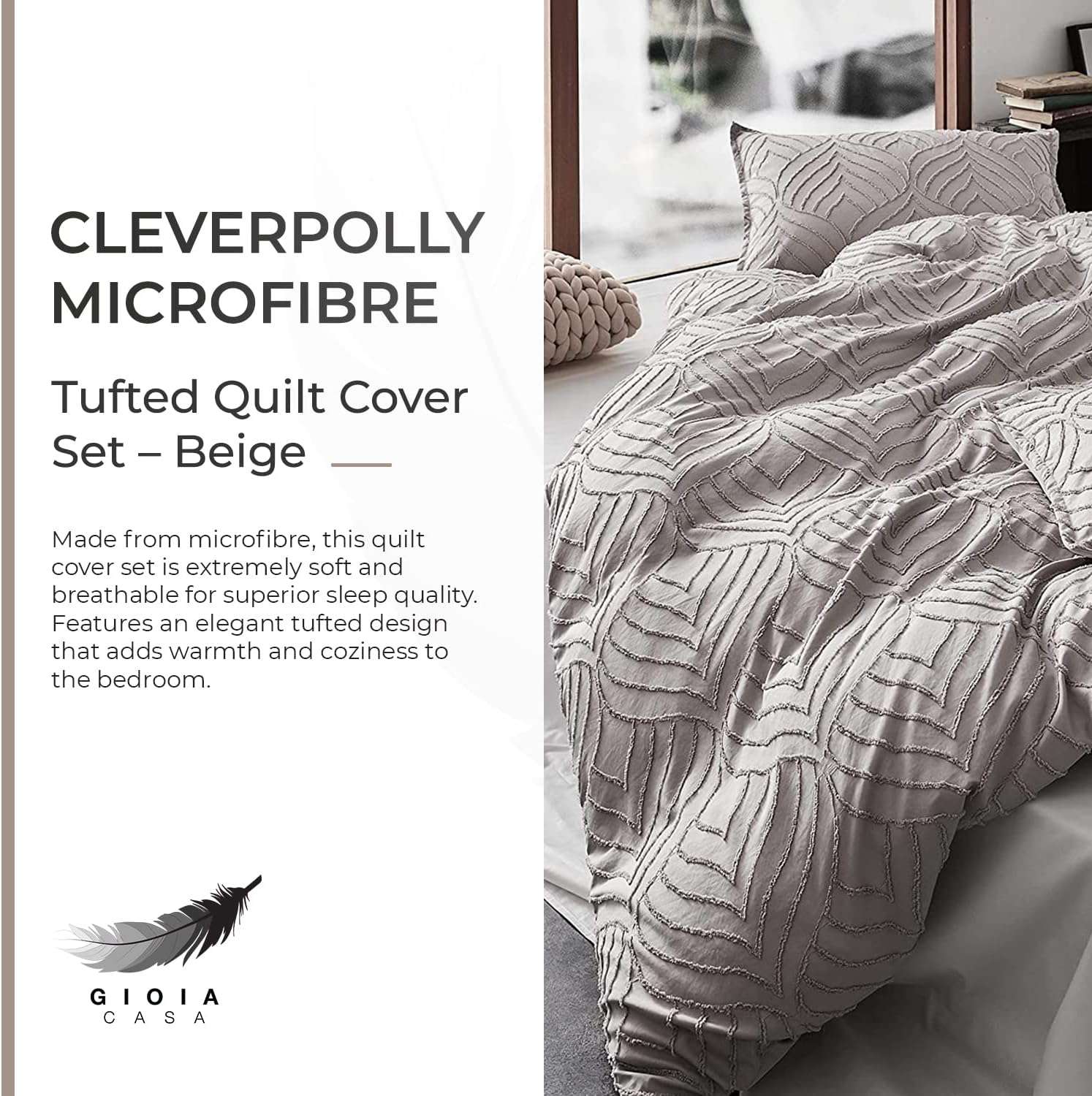 Premium Brushed Microfiber Tufted Quilt Cover Set (3Pcs) - Beige - Super King Size - Ultra Soft Bedding for Luxurious Hotel-Style Comfort