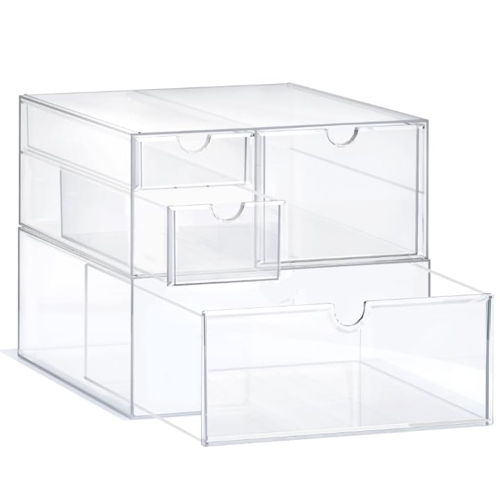 PRSILDAN 4-Drawer Acrylic Makeup Organizer Set of 2 - Clear Stackable Storage Drawers for Vanity, Office Desk, Countertop | Perfect for Cosmetics, Jewelry, Art Supplies & Craft Organization | Space-Saving Solution for Bedroom, Bathroom & Workspace