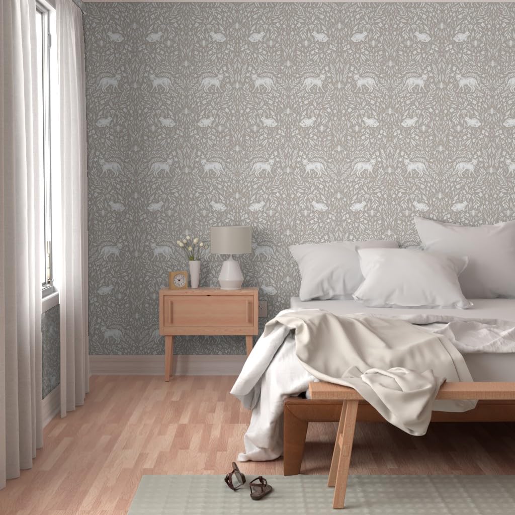 Scandinavian Woodland Ivory Tan Forest Rabbits Removable Wallpaper - 12ft x 2ft Pre-Pasted Peel & Stick Wallpaper for Nursery, Bedroom, Living Room Decor by Spoonflower