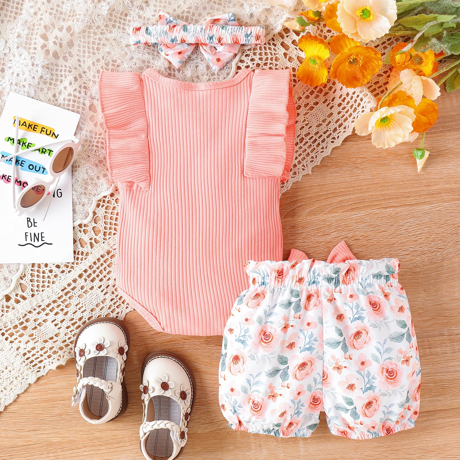 Newborn Baby Girl Clothes Outfits - Cute Ruffle Romper & Shorts Set with Headband | Infant Bodysuits for Photo Shoots, Parties & Everyday Wear