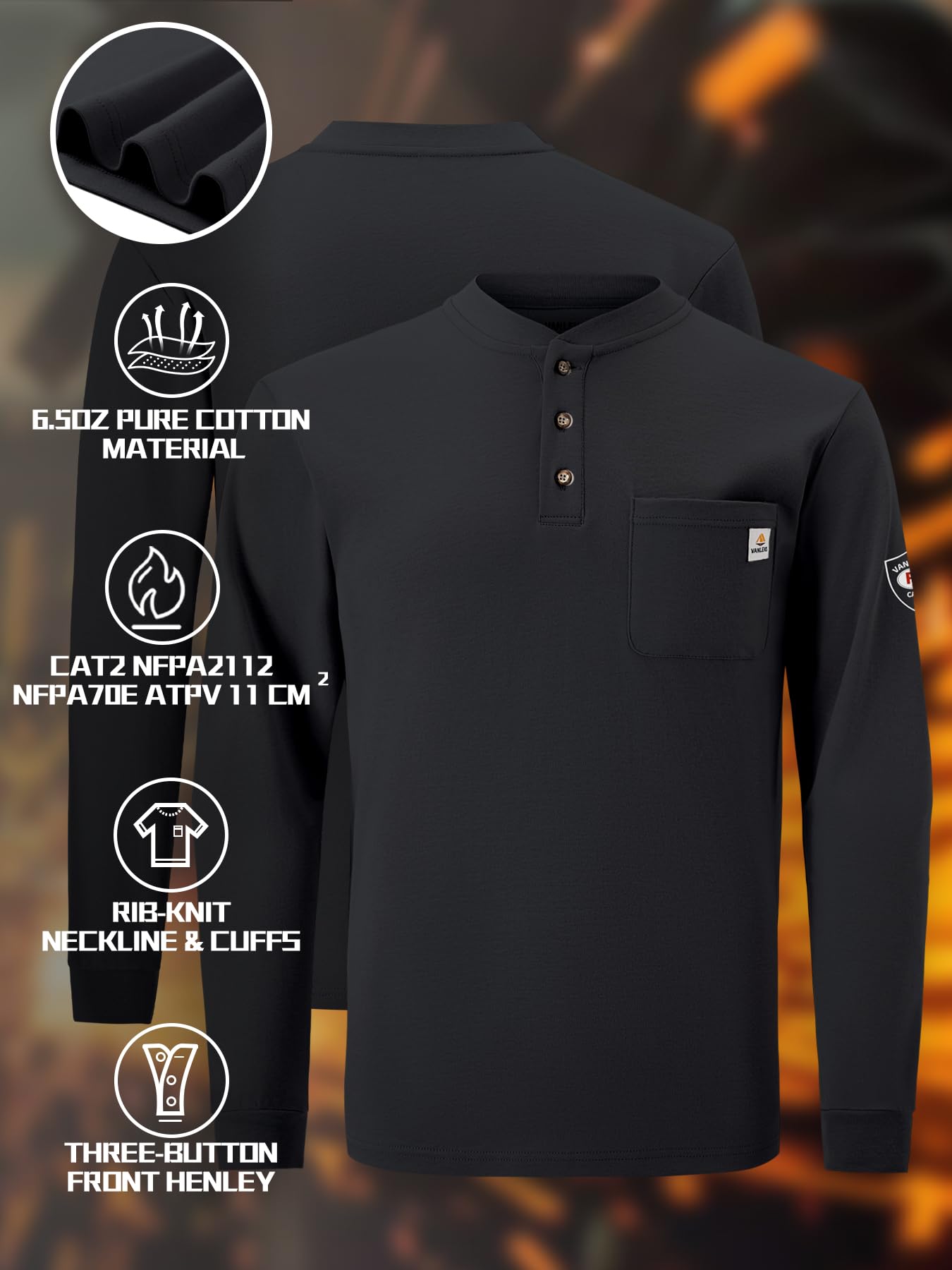 Flame Resistant Men's Shirts - Lightweight 6.5oz Long Sleeve Henley FR Shirts CAT2 NFPA2112 Compliant - Perfect for Industrial Work & Outdoor Safety Protection