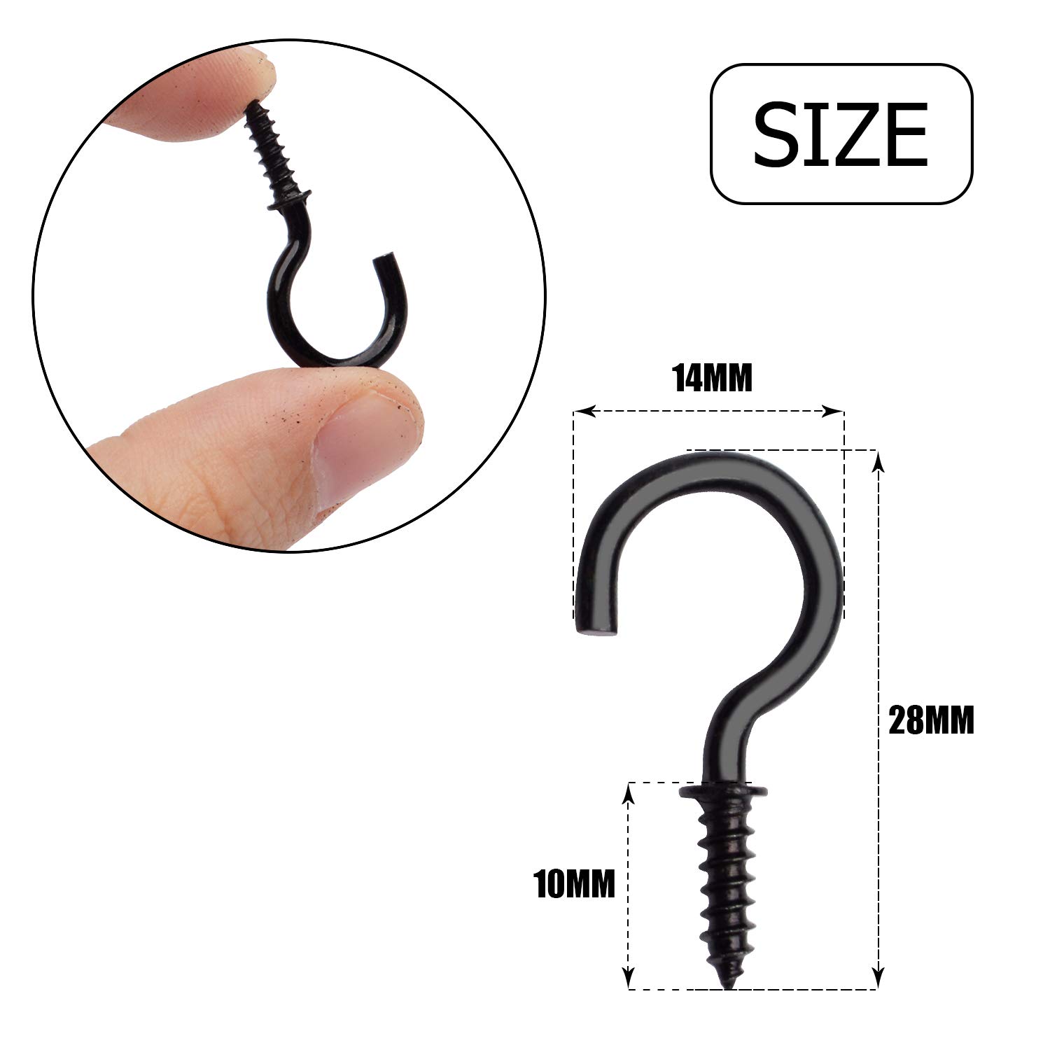 100-Pack 3/4 Inch Black Plated Metal Screw-in Ceiling Hooks - Heavy Duty Cup Hooks for Hanging Plants, Lights, Kitchen Utensils & Home Decor - Perfect for Home, Office & DIY Projects