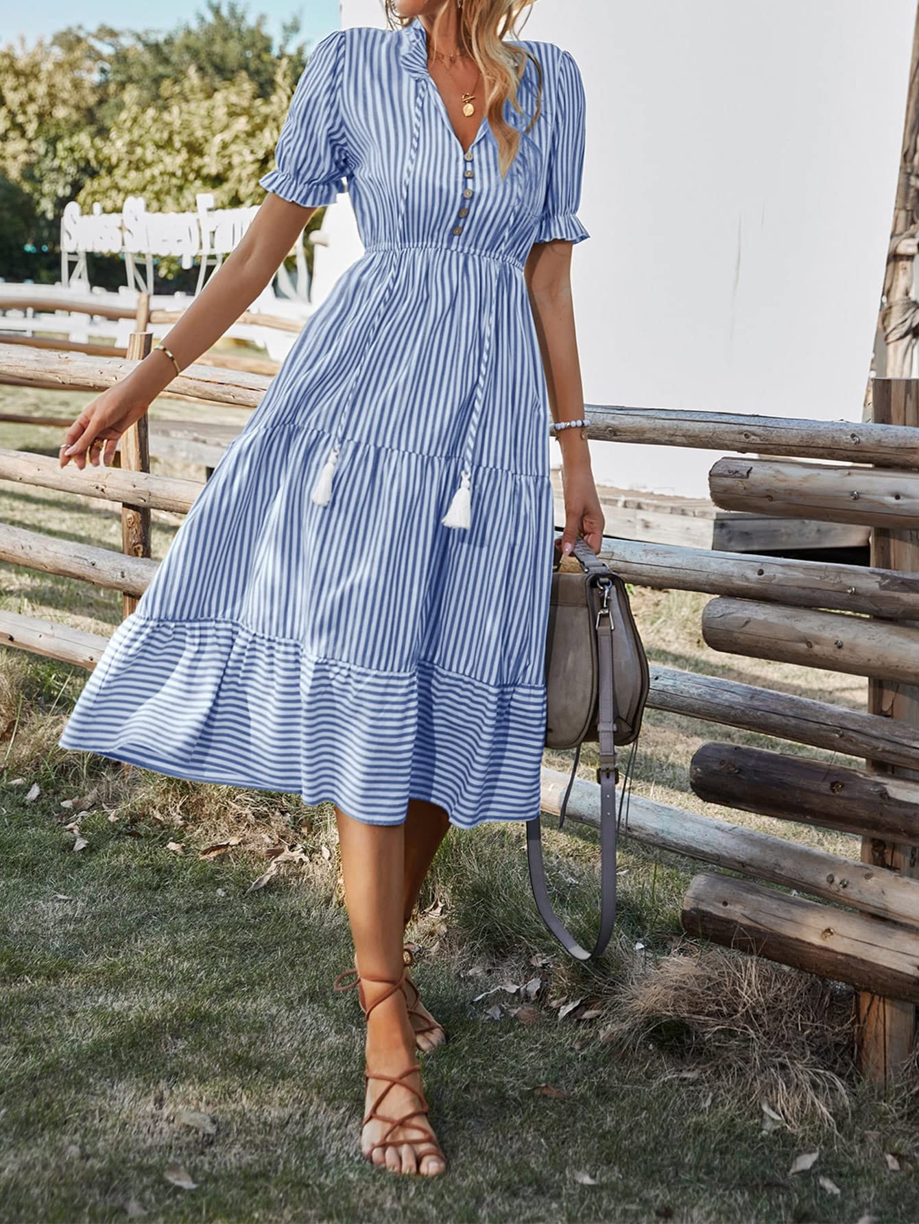 Women's Summer Dress 2022 - Blue & White Vertical Striped Flounce Sleeve with Tassel Tie Neck & Ruffle Hem | Casual Beach Dress, Vacation Outfit, Party Wear | Size Medium