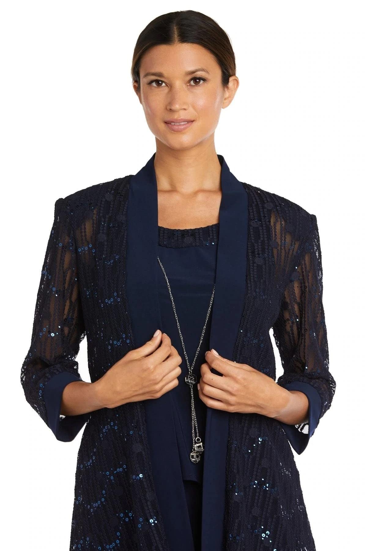 R&M Richards Women's 3-Piece Sequin Lace Jacket Pantsuit Set with Necklace - Elegant Evening Wear for Parties, Weddings & Special Occasions