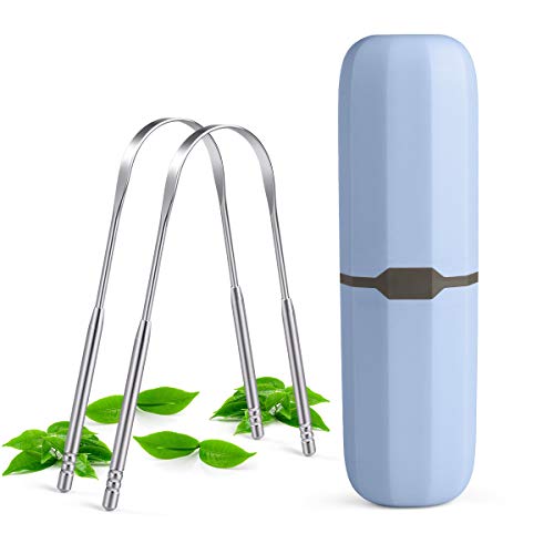 Stainless Steel Tongue Scraper for Adults - 2 Pack Tongue Cleaner with Travel Case, Perfect Stocking Stuffer Gift for Men and Women - Freshens Breath & Improves Oral Hygiene (Great for Travel, Home Use, and Daily Oral Care Routine)