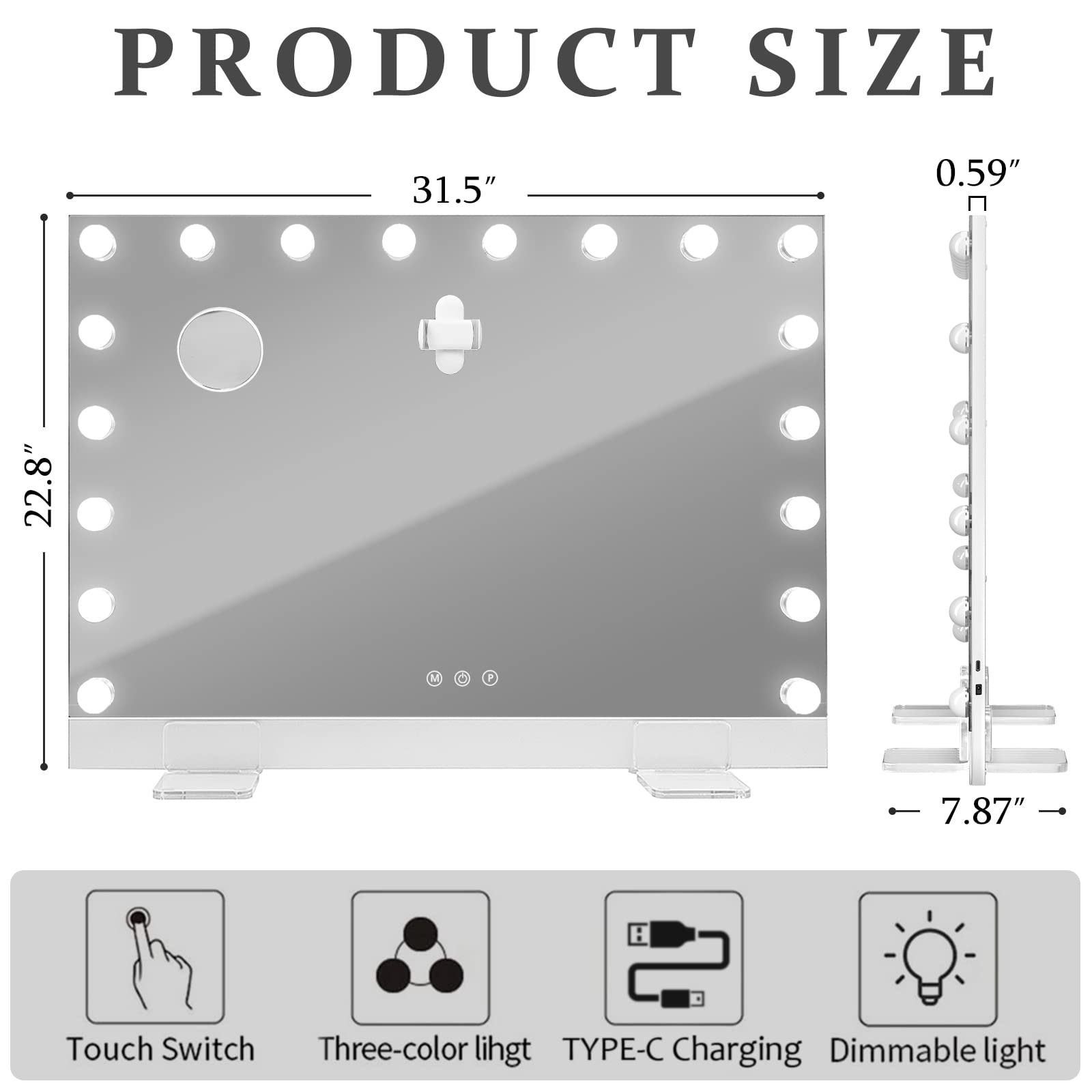 COOLJEEN 32x24 Inch Ultra-Thin Hollywood Vanity Mirror with 18 LED Lights, Selfie Remote Control & Magnetic Phone Holder - Large Wall Mount or Tabletop Makeup Mirror for Dressing Room, Bedroom, and Professional Makeup Studio
