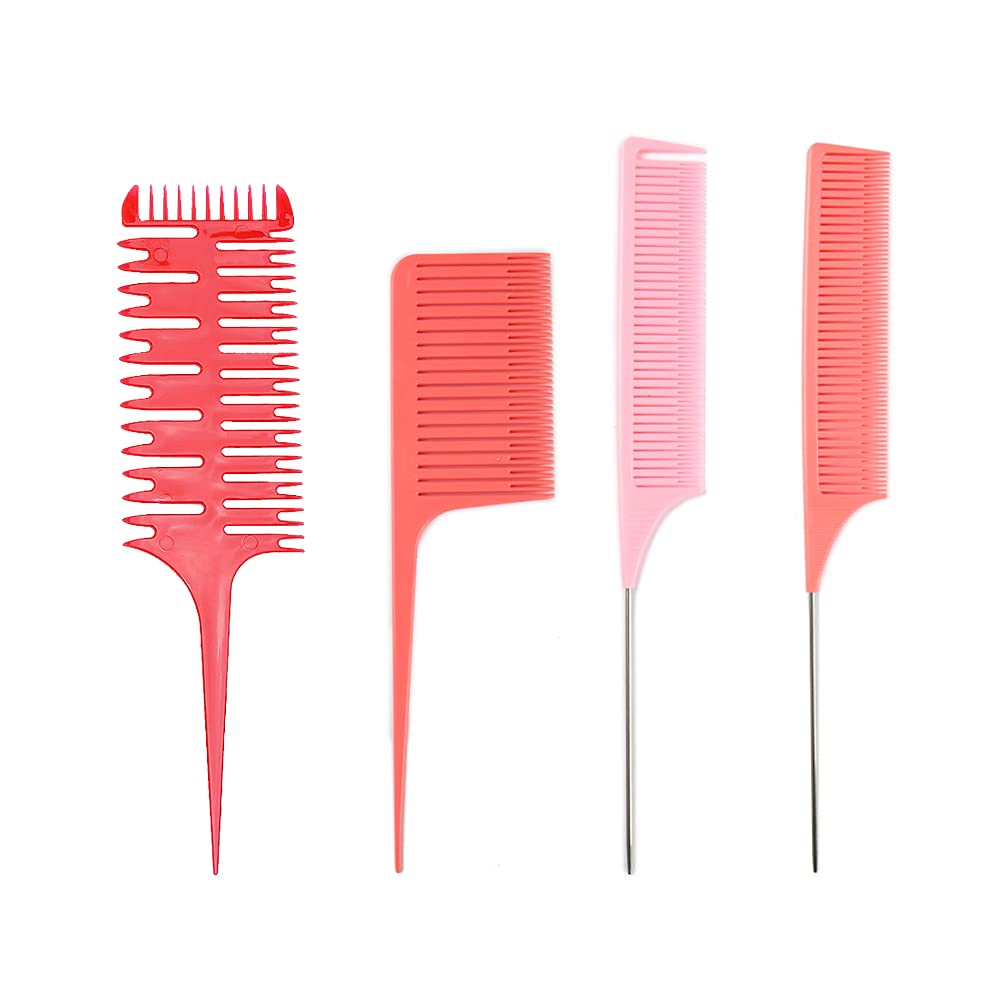 Professional Metal Rat Tail Teasing Comb - 4 Pcs Hair Styling & Highlighting Combs for Barber, Home Hairstylist & Weaving | Perfect for Salon, DIY Hair Dyeing & Foiling Techniques (Red)