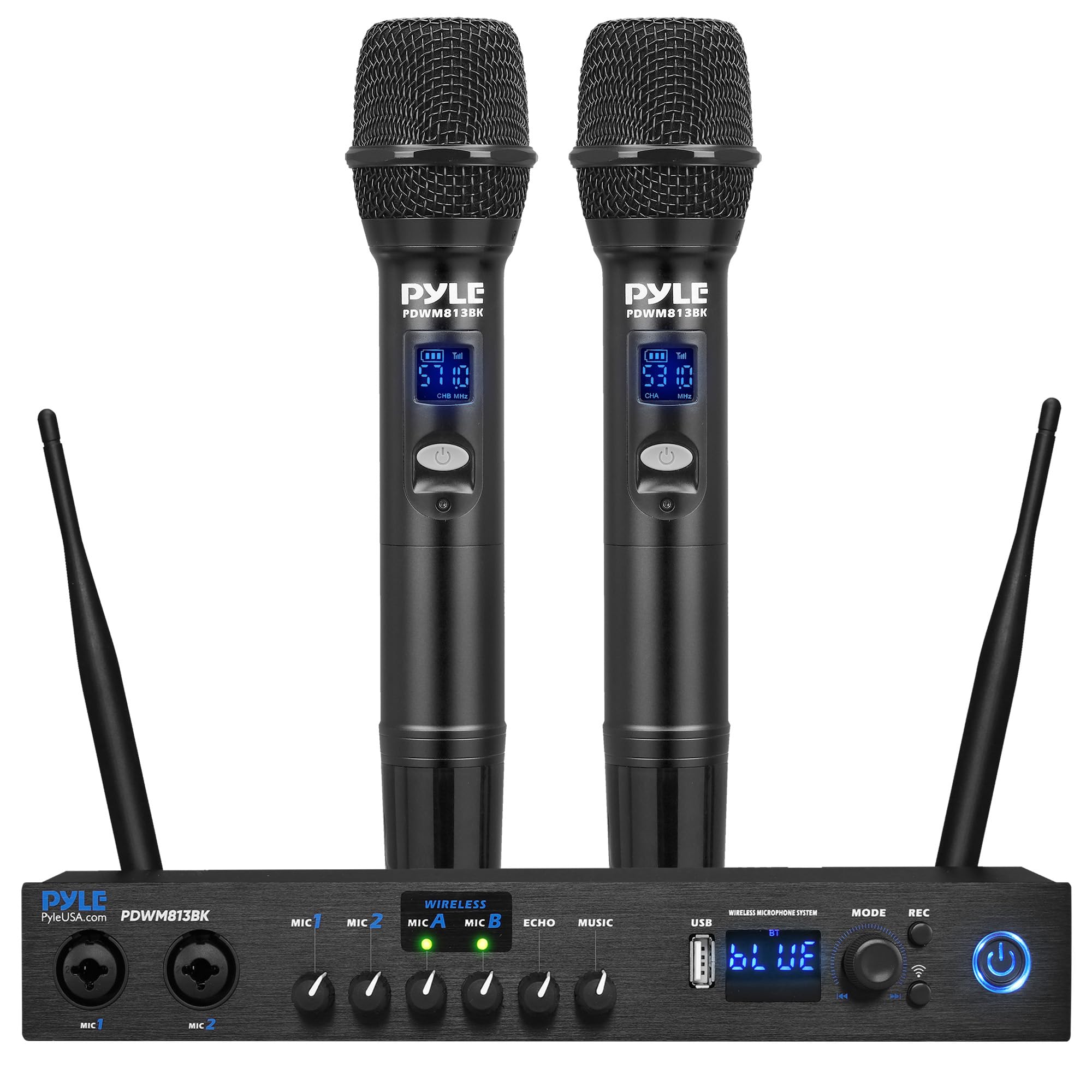 Pyle UHF Wireless Microphone System with Bluetooth - 2 Handheld Mics & Digital Audio Receiver for Karaoke, Live Performances & Events | Portable Professional Sound Mixer with Addressable Frequency (Black) - Perfect for Home Karaoke, Stage Shows, Church Services & Public Speaking
