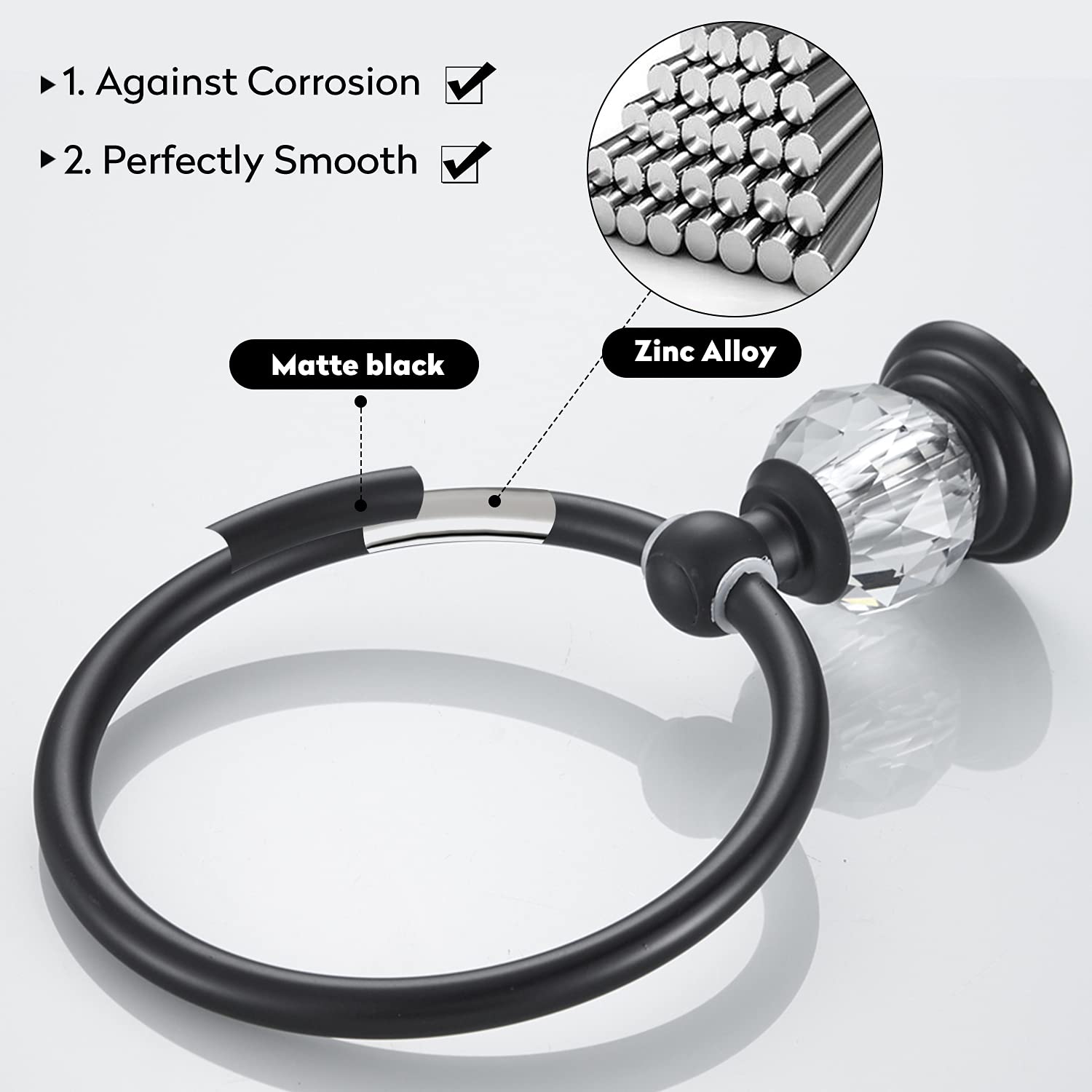 WINCASE Matte Black Crystal Towel Ring - Wall Mounted Bathroom Hand Towel Holder & Round Towel Hanger Rack for Modern Home Decor | Perfect for Guest Bathrooms, Powder Rooms & Spa-Style Showers