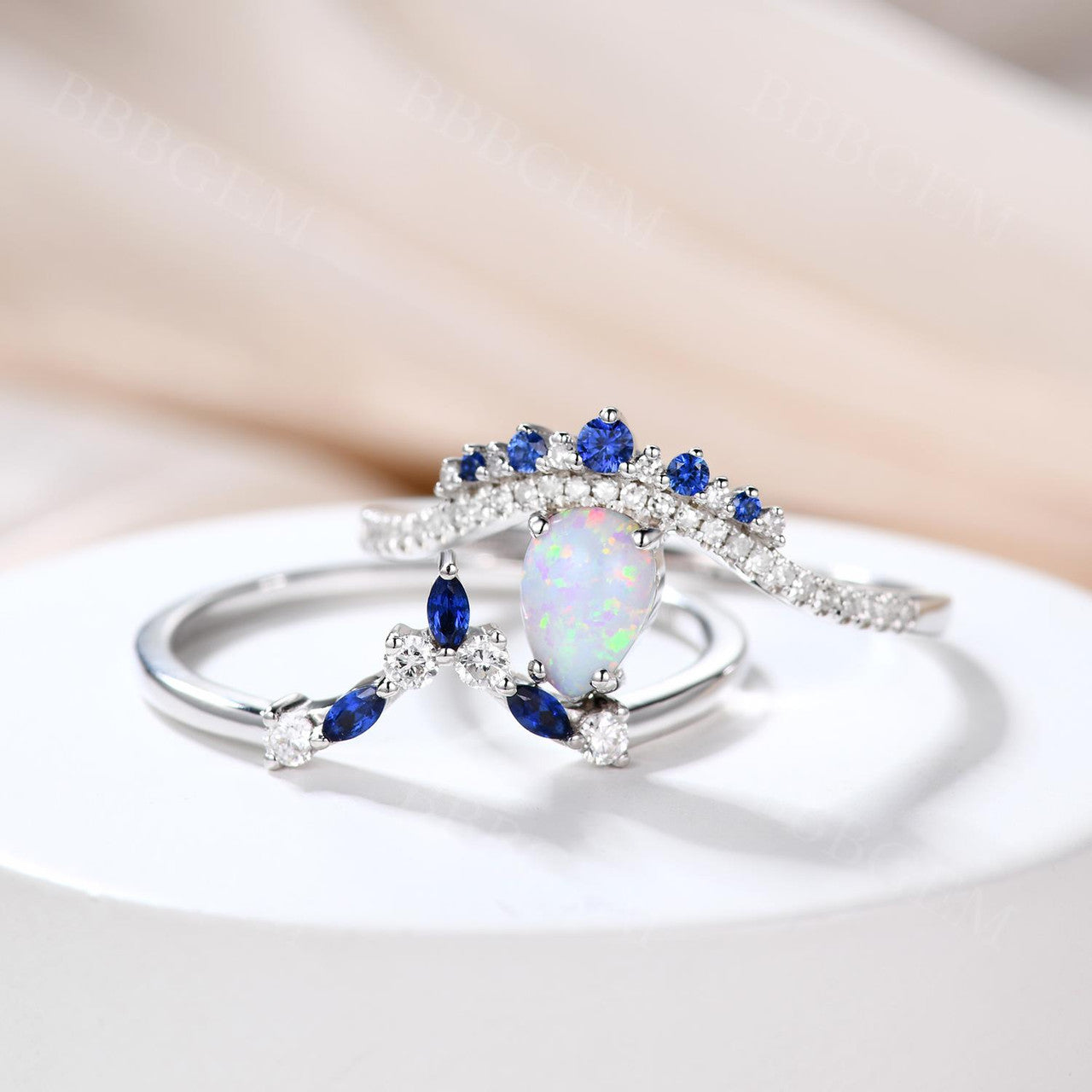 Pear Shaped Opal Engagement Ring with Diamond Accents & Blue Sapphire Wedding Band - Stackable Bridal Set for Proposal, Anniversary & Special Occasions