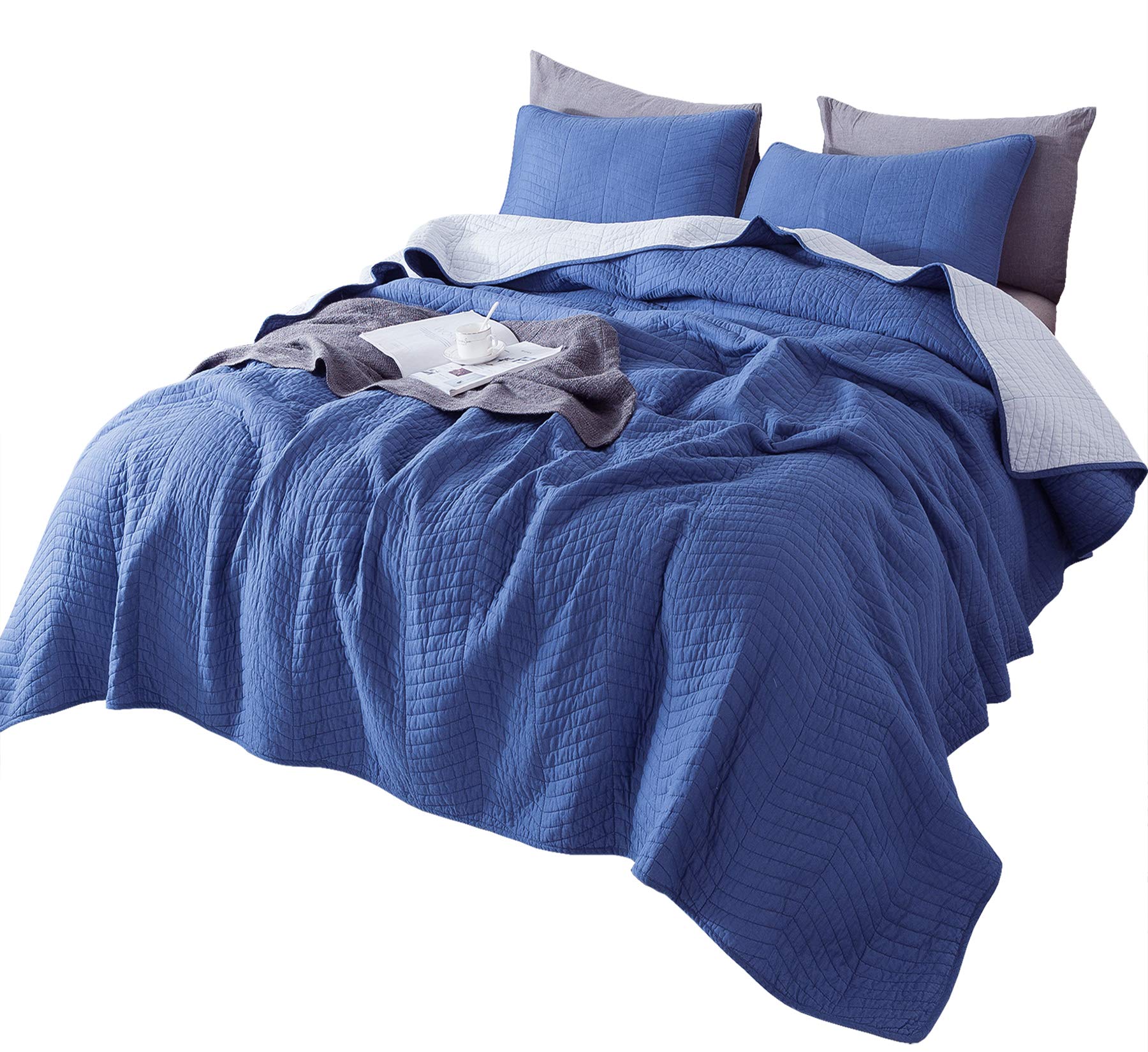 Seville Mason Coverlet Quilt Set - 100% Cotton 3-Piece Reversible Bedding | Trendy Embroidery & Quilting in Ivory & Gray | All-Season Comfort for Queen Size Beds | Perfect for Master Bedrooms, Guest Rooms & Cozy Home Decor (Blue, Oversize Queen Set)
