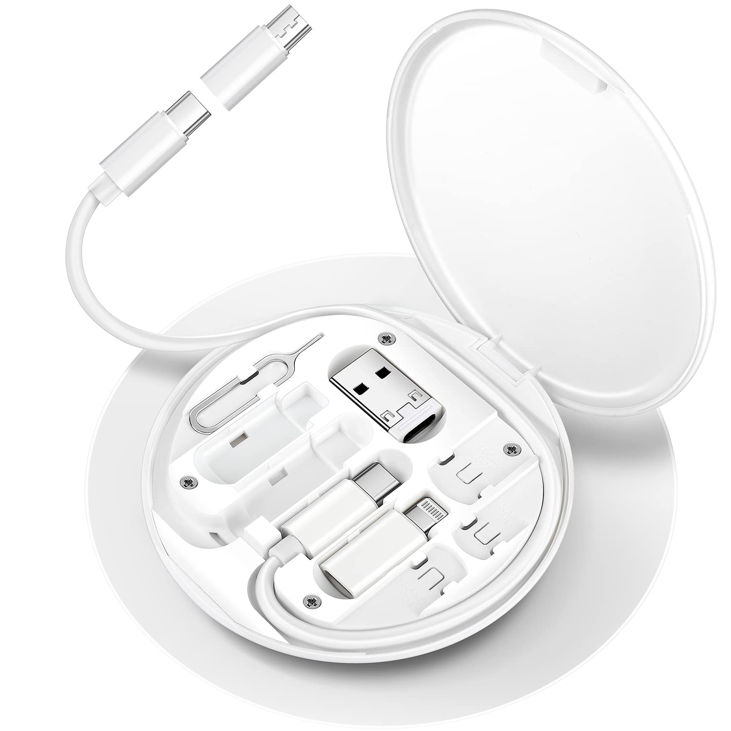 HESIMING 3-in-1 Multi Charging Cable Adapter Kit - USB C to Micro USB/Lightning/USB A Converter for iPhone, Android, iPad - Portable Phone Holder (White) - Perfect for Travel, Office & Home Charging