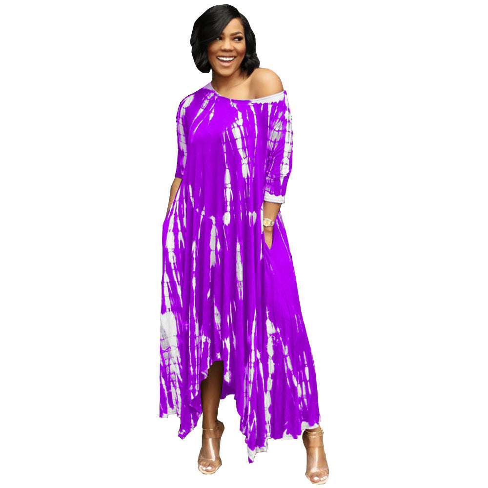 Long Slit Skirt Wide Neck Tie Dye Dress - Boho Chic Summer Maxi Dress for Beach Vacation & Music Festivals