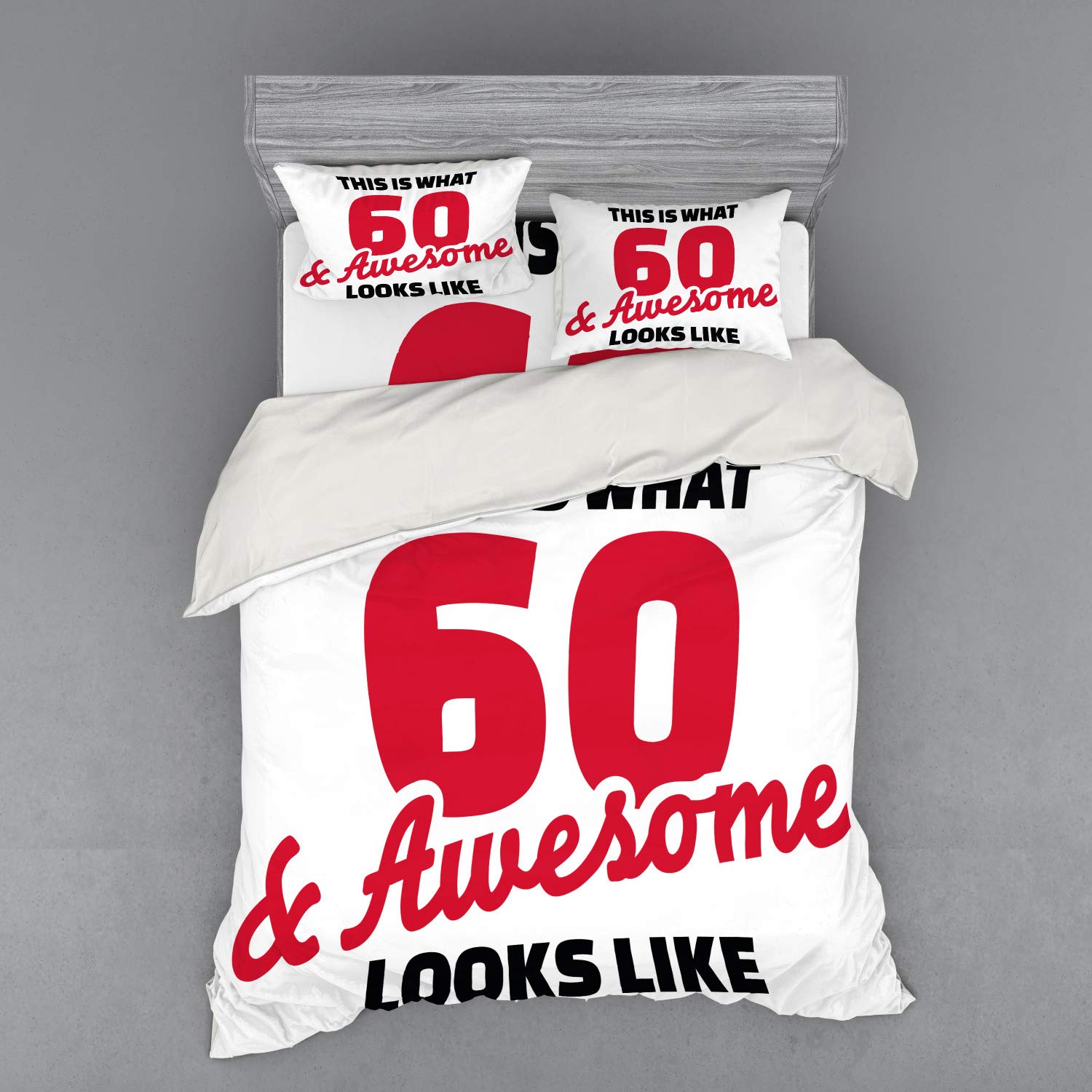 Ambesonne 60th Birthday Duvet Cover Set - Queen Size 4-Piece Bedding with Shams & Fitted Sheet - Red Black White Party Design for 60 Years Celebration - Perfect for Birthday Decorations & Guest Room Makeovers