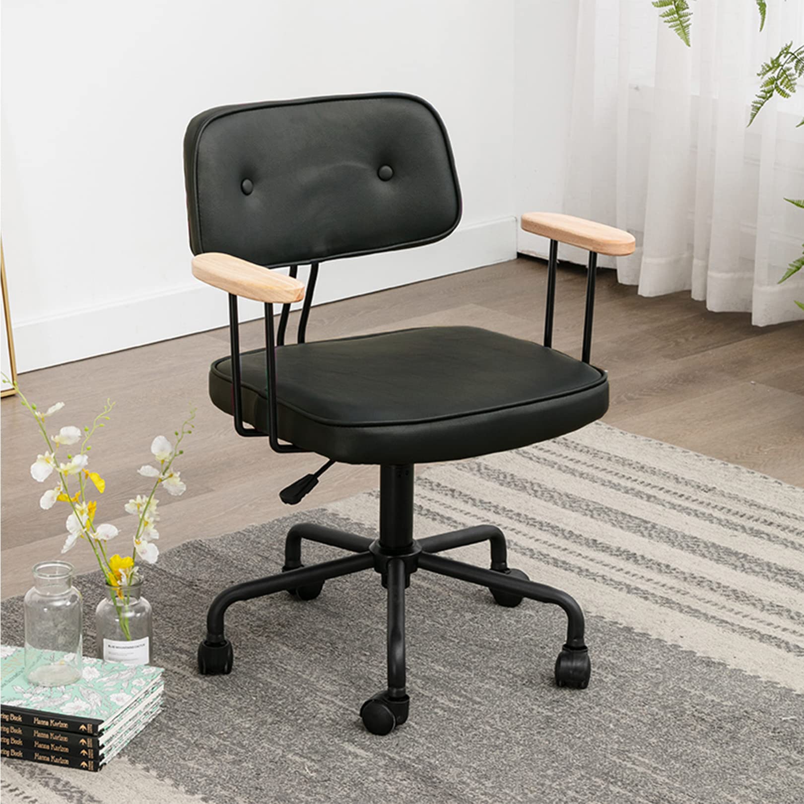 Ergonomic Mid-Back Office Chair with Wooden Armrests - Adjustable PU Leather Swivel Computer Desk Chair for Home Office, Study, Gaming & Bedroom Workspace