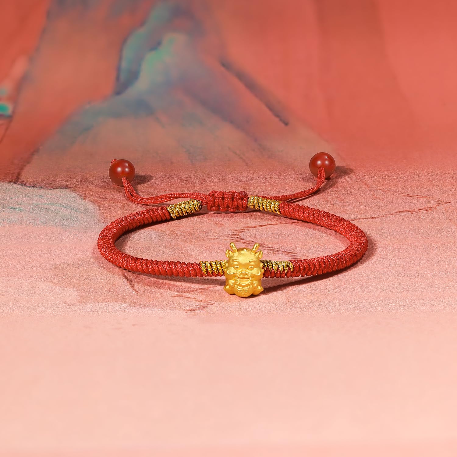 24K Gold Dragon Charm Bracelet - Adjustable Solid Gold Beaded Bangle with Red Braided Rope for Good Luck | Trendy Fashion Jewelry Gift for Women & Men | Perfect for Daily Wear, Special Occasions & Spiritual Protection