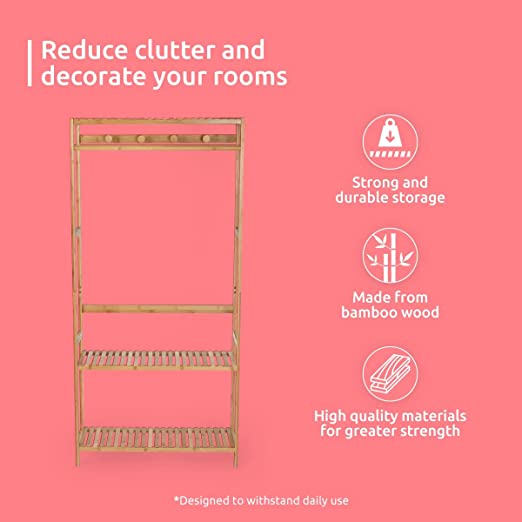 Bamboo Nara Multi-Functional Clothes Rack - Space Saving Wardrobe Organizer for Bedroom, Closet & Laundry Room - Perfect for Hanging Clothes, Towels & Accessories