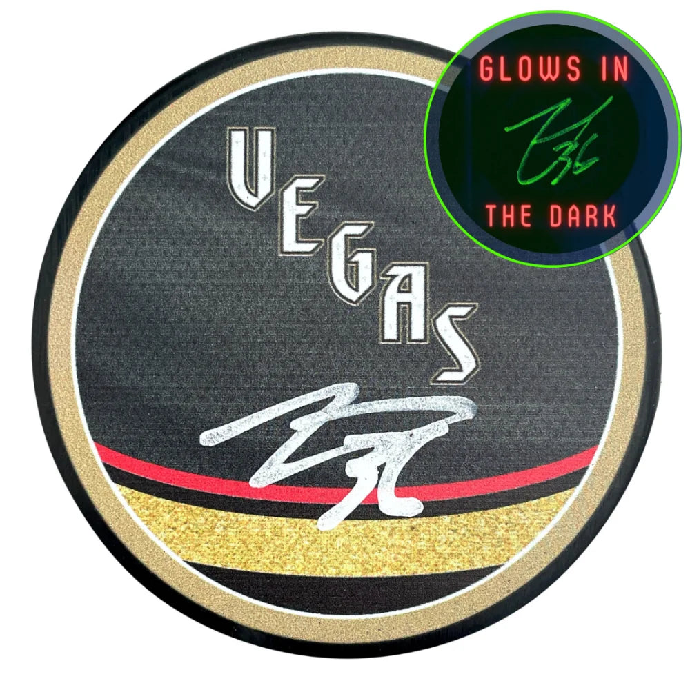 Logan Thompson Autographed Vegas Golden Knights Retro Glow-in-the-Dark Hockey Puck with COA - Officially Licensed NHL Memorabilia for Collectors & Hockey Fans - Perfect for Display Cases, Man Caves & Sports Themed Rooms