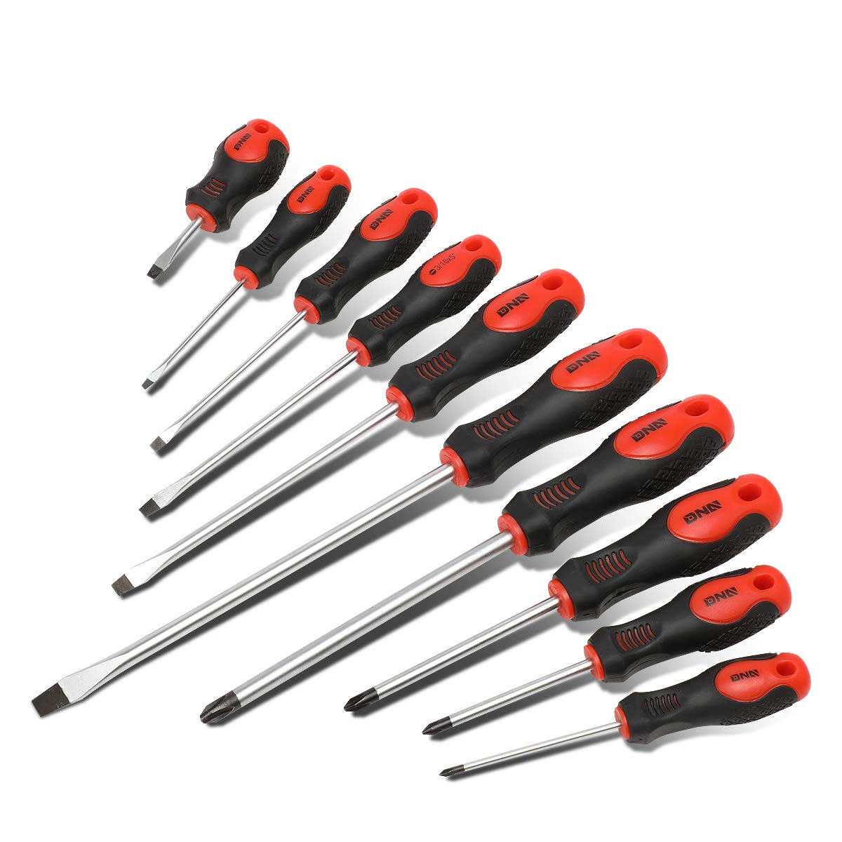 DNA Motoring TOOLS-00079 10-Piece Chromoly Steel Non-Slip Handle Screwdriver Set - Flat & Cross Tip for Home Repair, Automotive, and DIY Projects