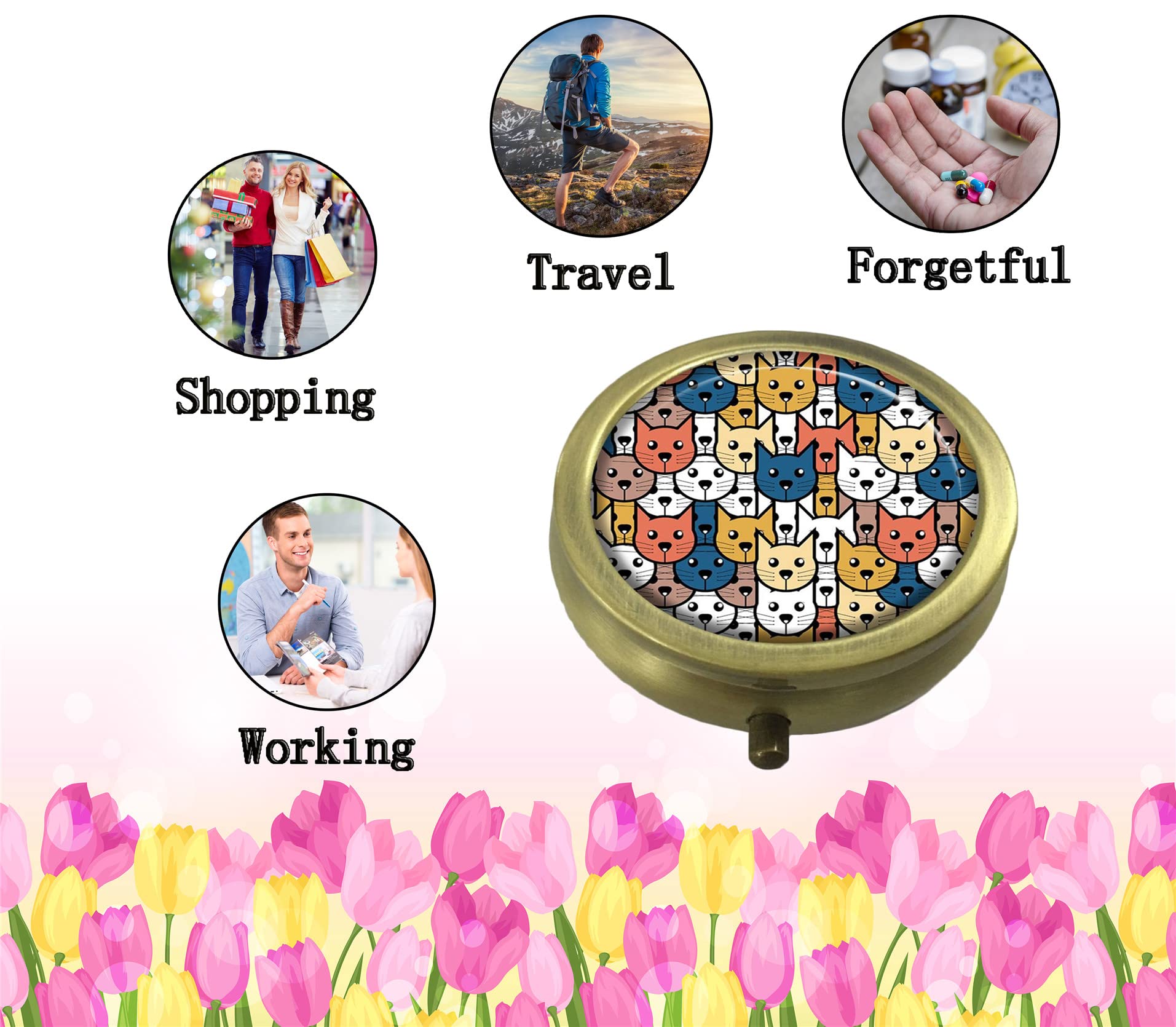 Custom Cat Face Round Pill Box - Stylish Tablet Holder & Purse Organizer for Travel, Work, and Daily Use