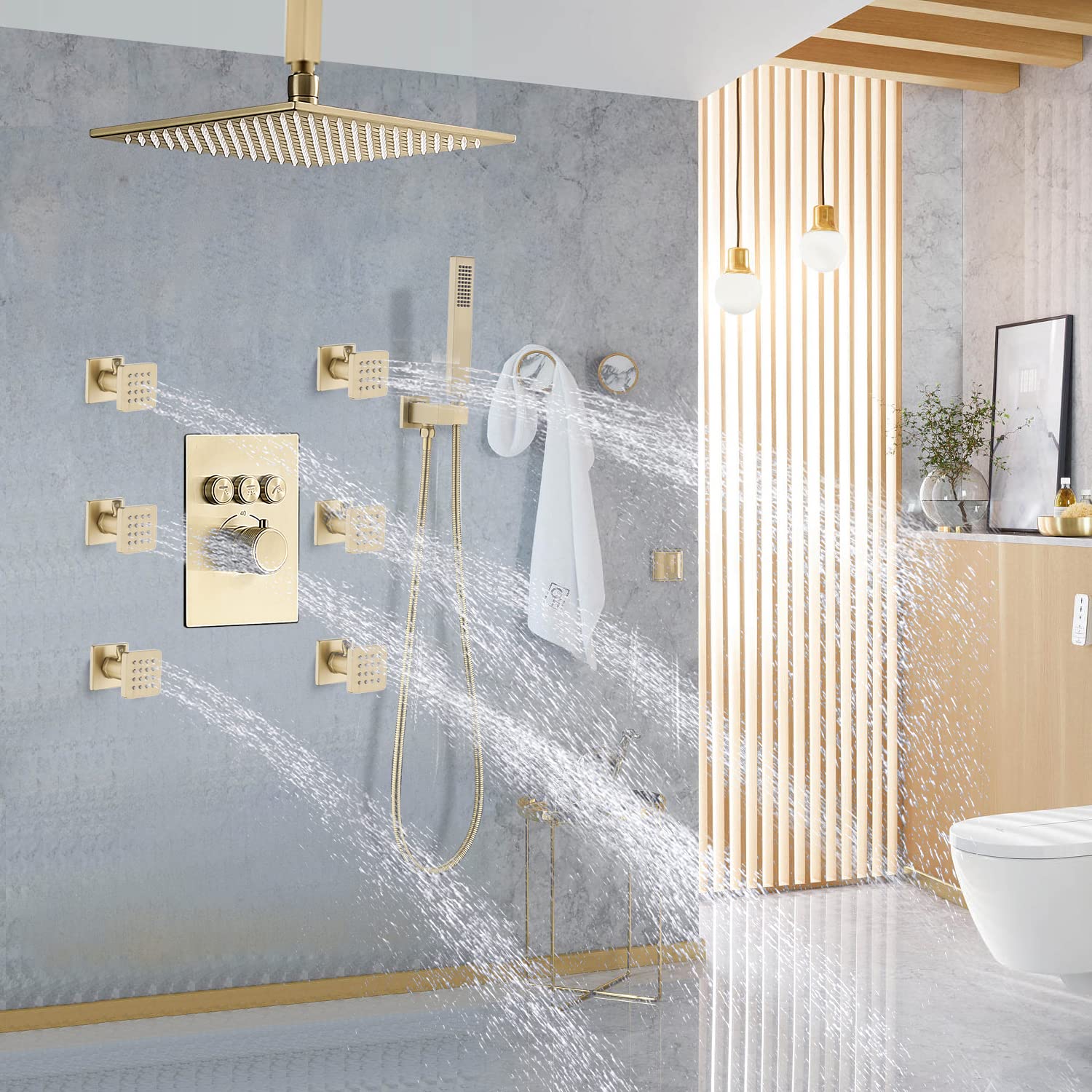 Premium 6-Piece Solid Brass Square Shower Body Spray Set with On/Off Switch - Brushed Gold Wall Mount Massage Nozzle Jets - Adjustable Flow & Swivel Showerhead for Luxurious Spa-Like Bathroom Experience