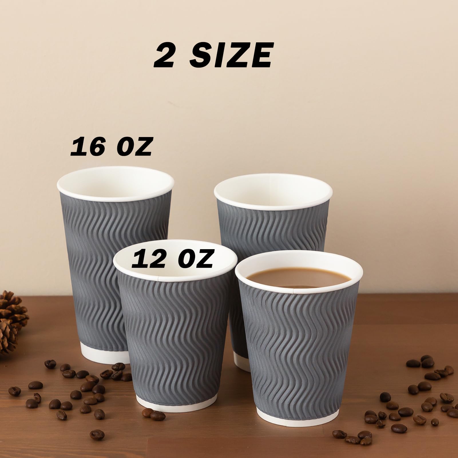 12oz Disposable Paper Coffee Cups 120 Pack - Insulated Corrugated Ripple Wall Design for Hot & Cold Drinks | Perfect for Office, Home, Cafe, Party & Travel Use (Gray)