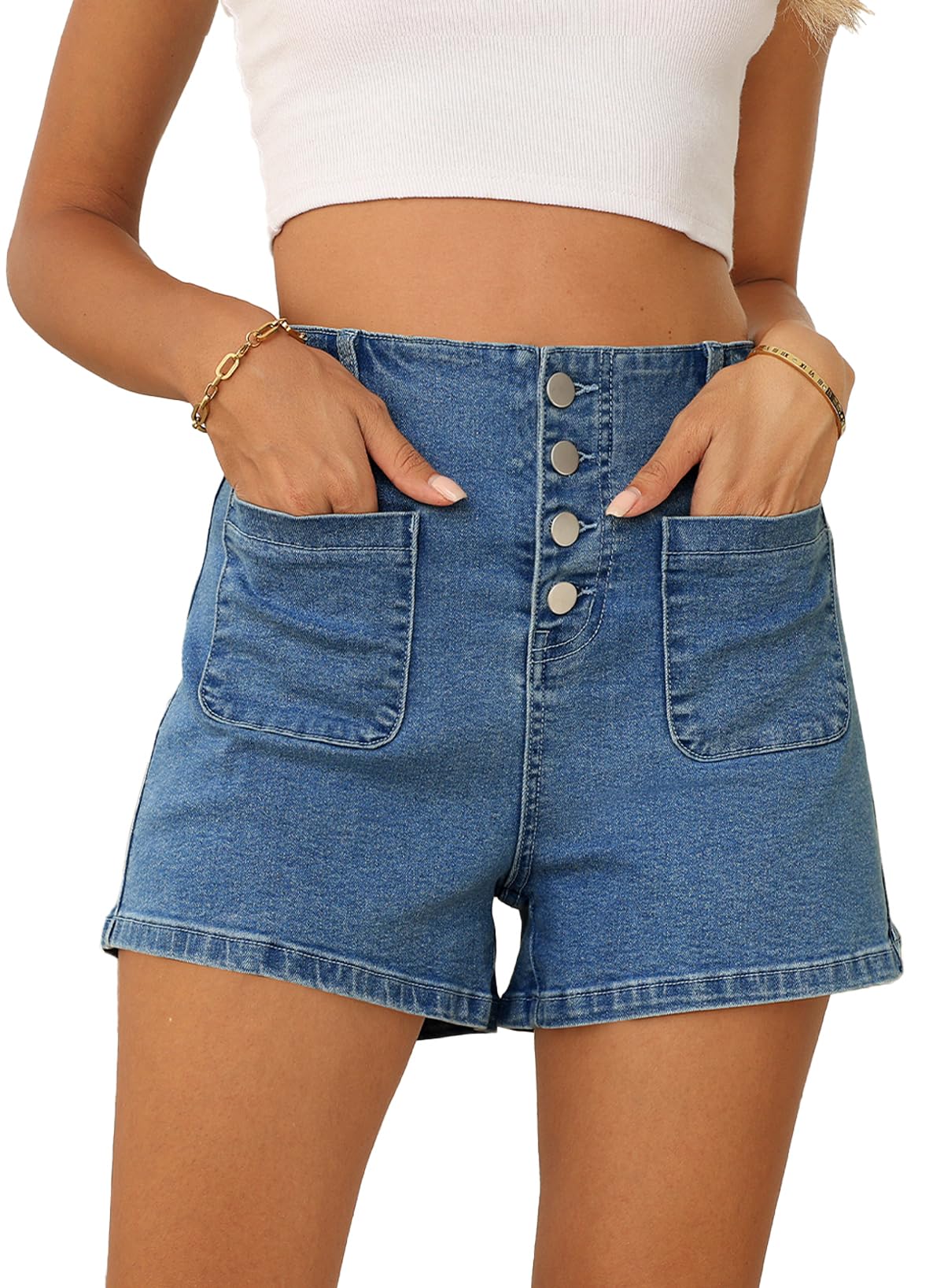 Sidefeel Women's High Waisted Stretch Denim Shorts with Button Fly | Comfortable Summer Jean Shorts 2025 | Perfect for Beach, Casual Wear & Outdoor Activities