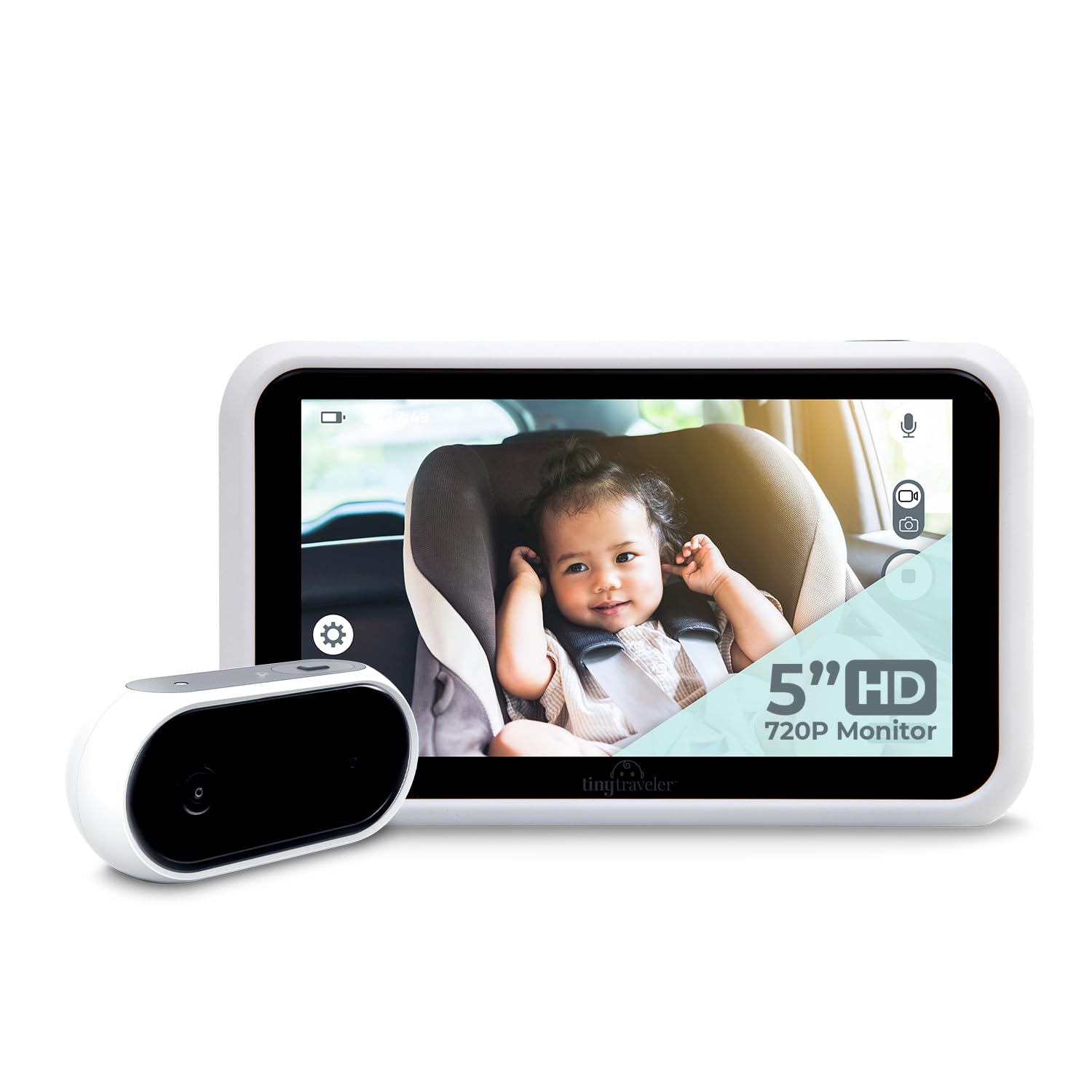 5” HD Touch Screen Baby Car Monitor – Hackproof, No WiFi Baby Camera for Car & Home – Rear-Facing Car Seat Monitor with Night Vision – Headrest or Clamp Mount – Baby Reminder Alert – White – Perfect for Road Trips & Safe Nighttime Monitoring