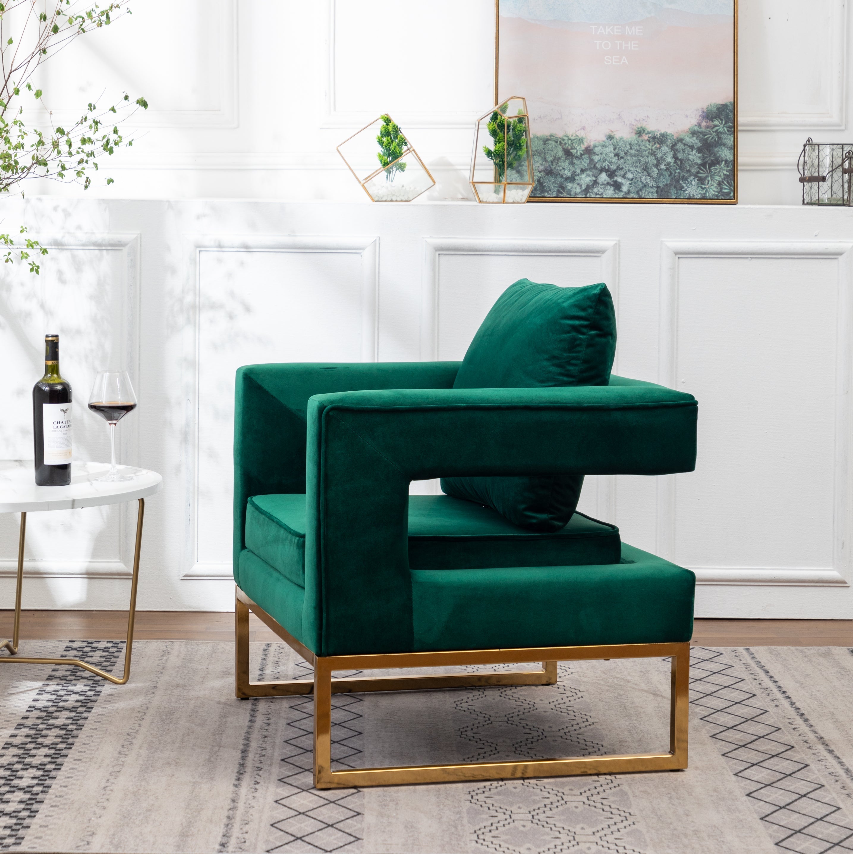 Roundhill Furniture Lenola Modern Upholstered Accent Arm Chair - Green Velvet Lounge Chair for Living Room, Bedroom & Office Decor