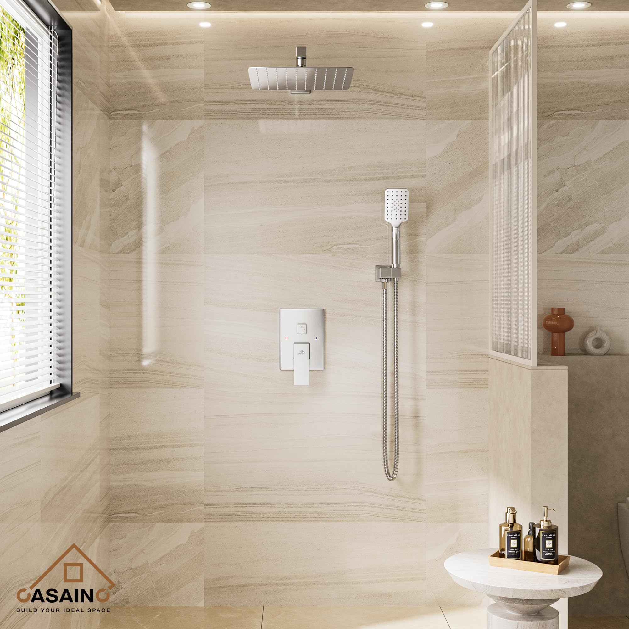 CASAINC 10 Inch High Pressure Brushed Nickel Shower System - Wall Mounted Square Rainfall Shower Head with Handheld Spray & Anti-Scald Valve for Luxurious Bathroom Upgrade | Perfect for Modern Homes, Spa-Like Experience, Water Saving & Easy Installation