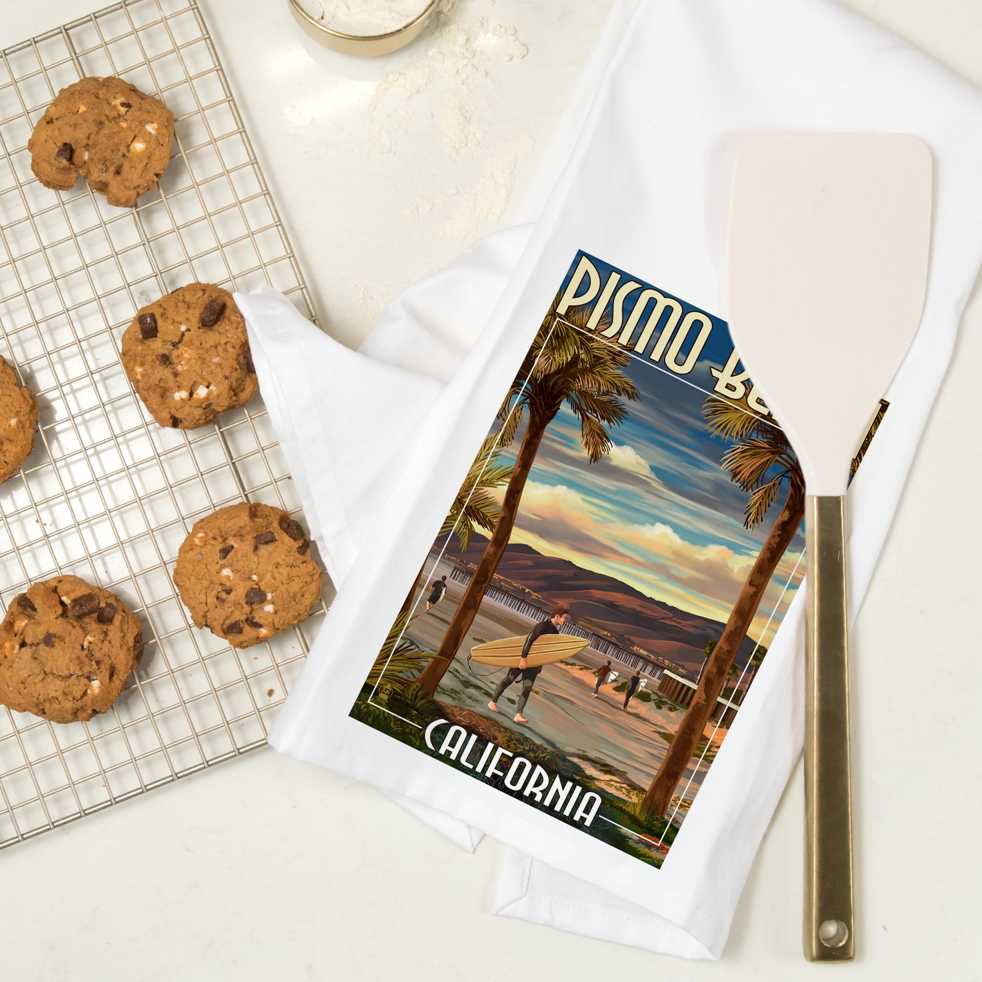 Lantern Press Pismo Beach California Surfer and Pier 100% Cotton Tea Towel - Decorative Hand Towel for Kitchen, Home Decor & Coastal Themed Gifts - Perfect for Beach Houses, Coastal Kitchens and Surf Enthusiasts