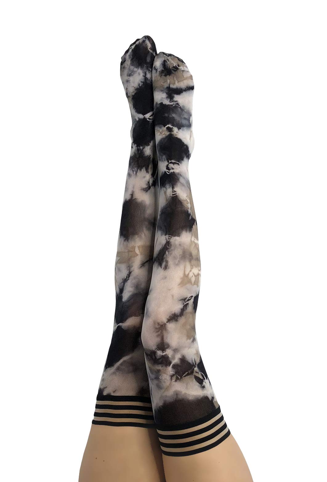Kix'ies No Slip Thigh High Stockings for Women - Stay Up Grip Thigh Bands, Sexy Lingerie (Mackenzie Black & Tan Tie Dye) | Perfect for Date Nights, Office Wear & Special Occasions