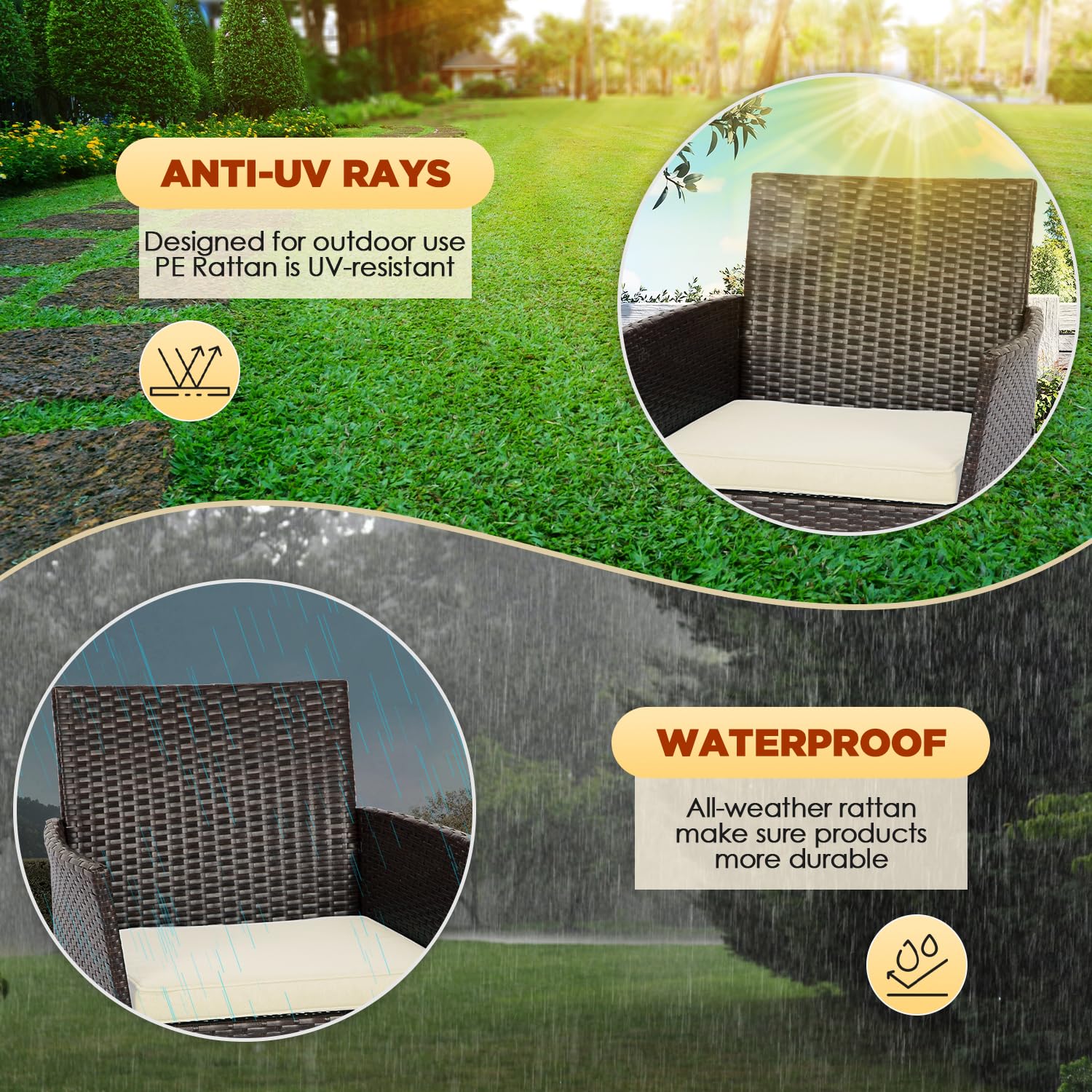 FDW 4-Piece Patio Furniture Set - Outdoor Rattan Wicker Sofa & Chairs, Garden Conversation Bistro Set for Yard, Deck or Poolside (Brown) | Perfect for Backyard Relaxation, Outdoor Dining & Entertaining Guests