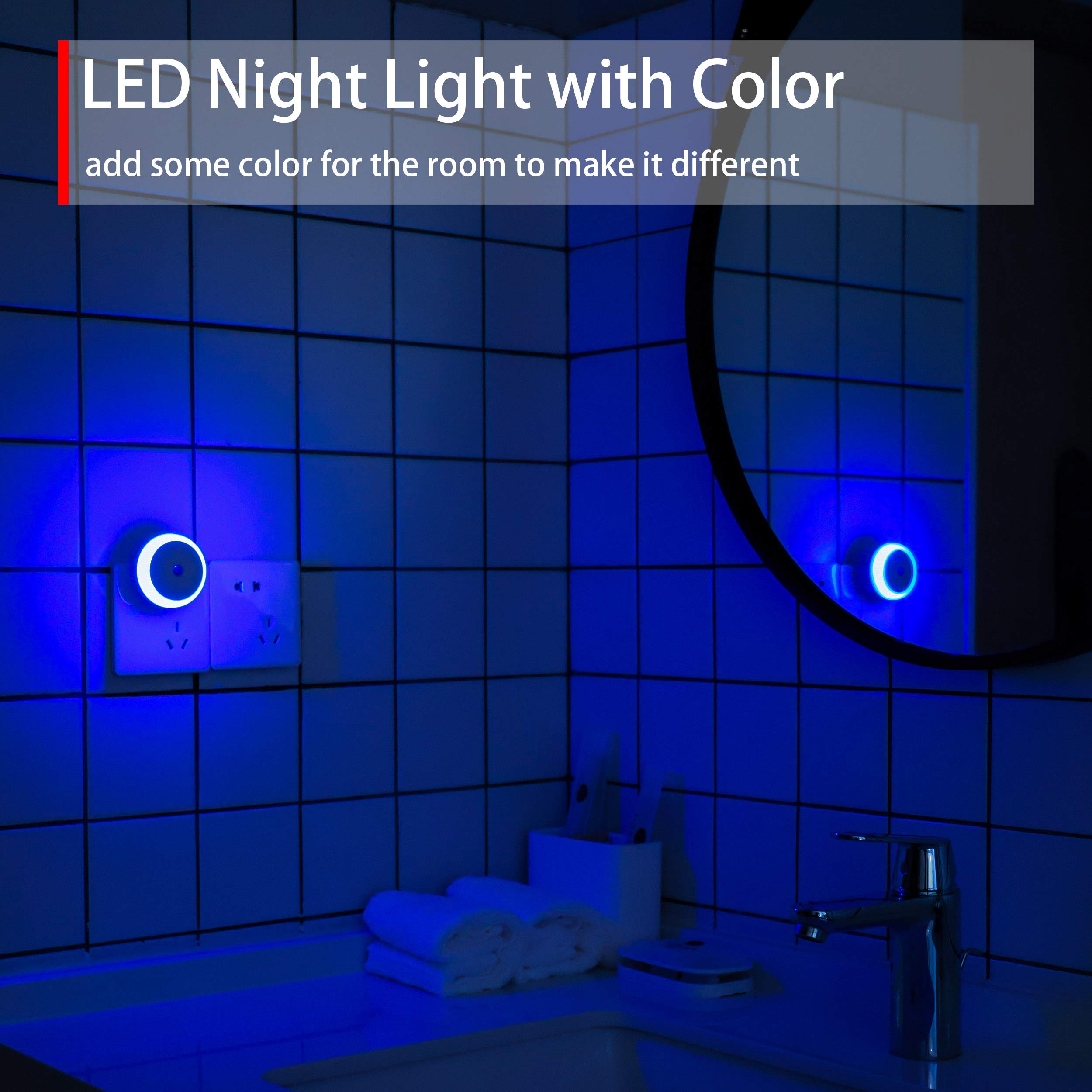 Blue LED Night Light Plug in with Dusk to Dawn Smart Sensor - Small Round Energy Saving Nightlight for Bathroom, Kitchen, Bedroom, Hallway & Stairway - Perfect for Travel & Home Safety (2 Pack)